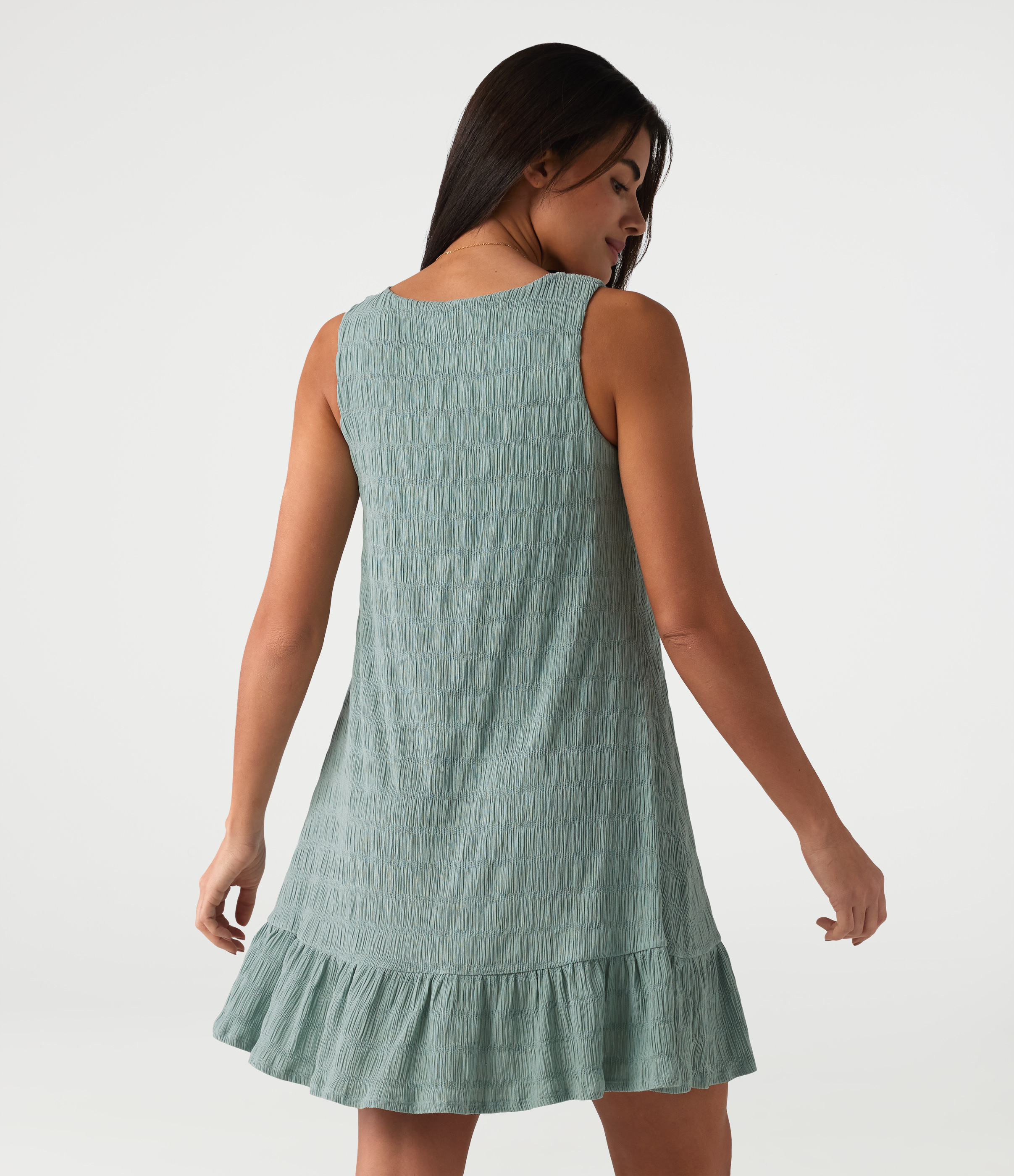 Blue Surf Round Neck Built-in Bra Sleeveless Ruffle Hem Mini Casual Dress / 2