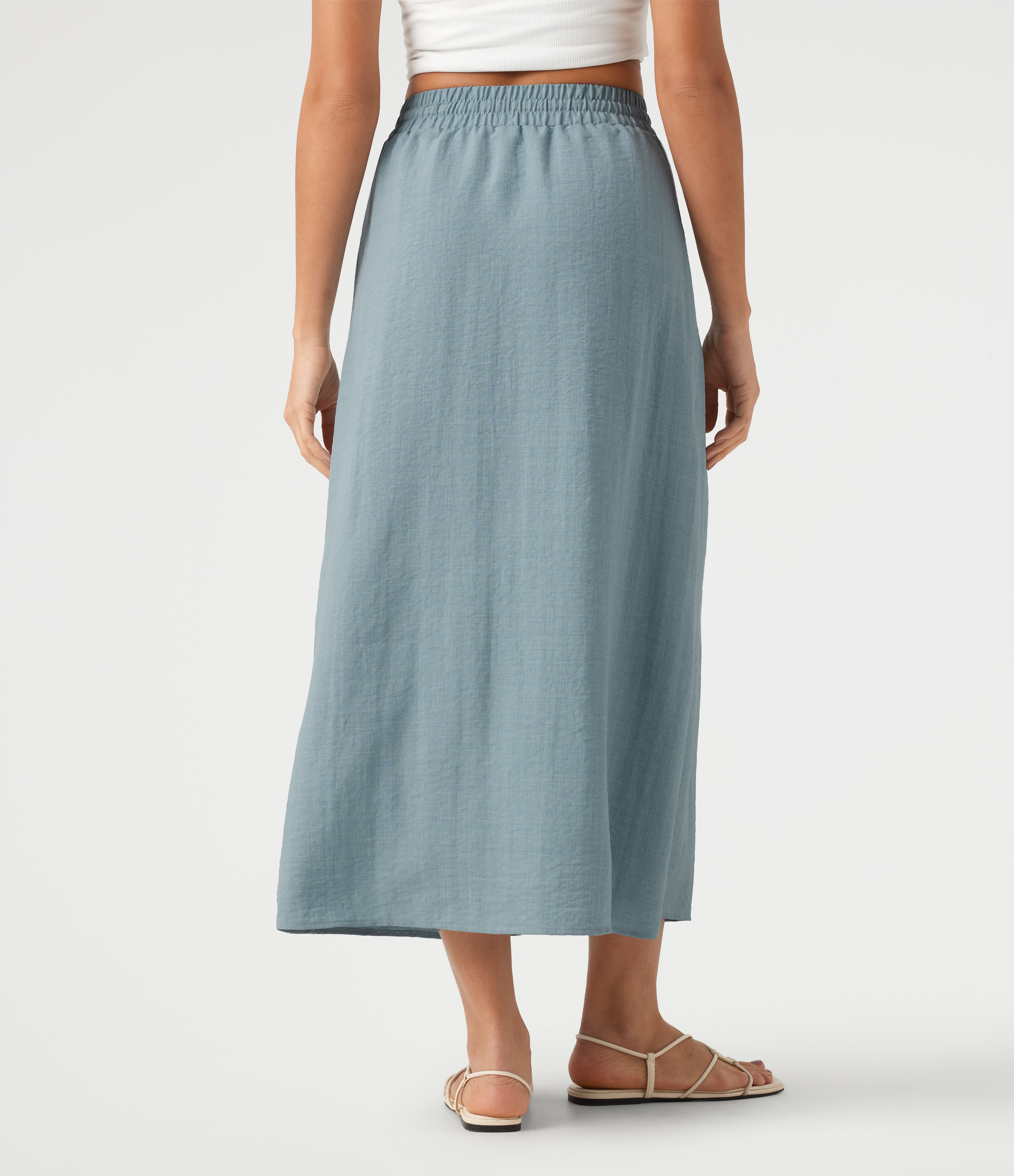 Dusty Cyan Blue High Waisted Drawstring Maxi Linen-Feel Casual Skirt / 2