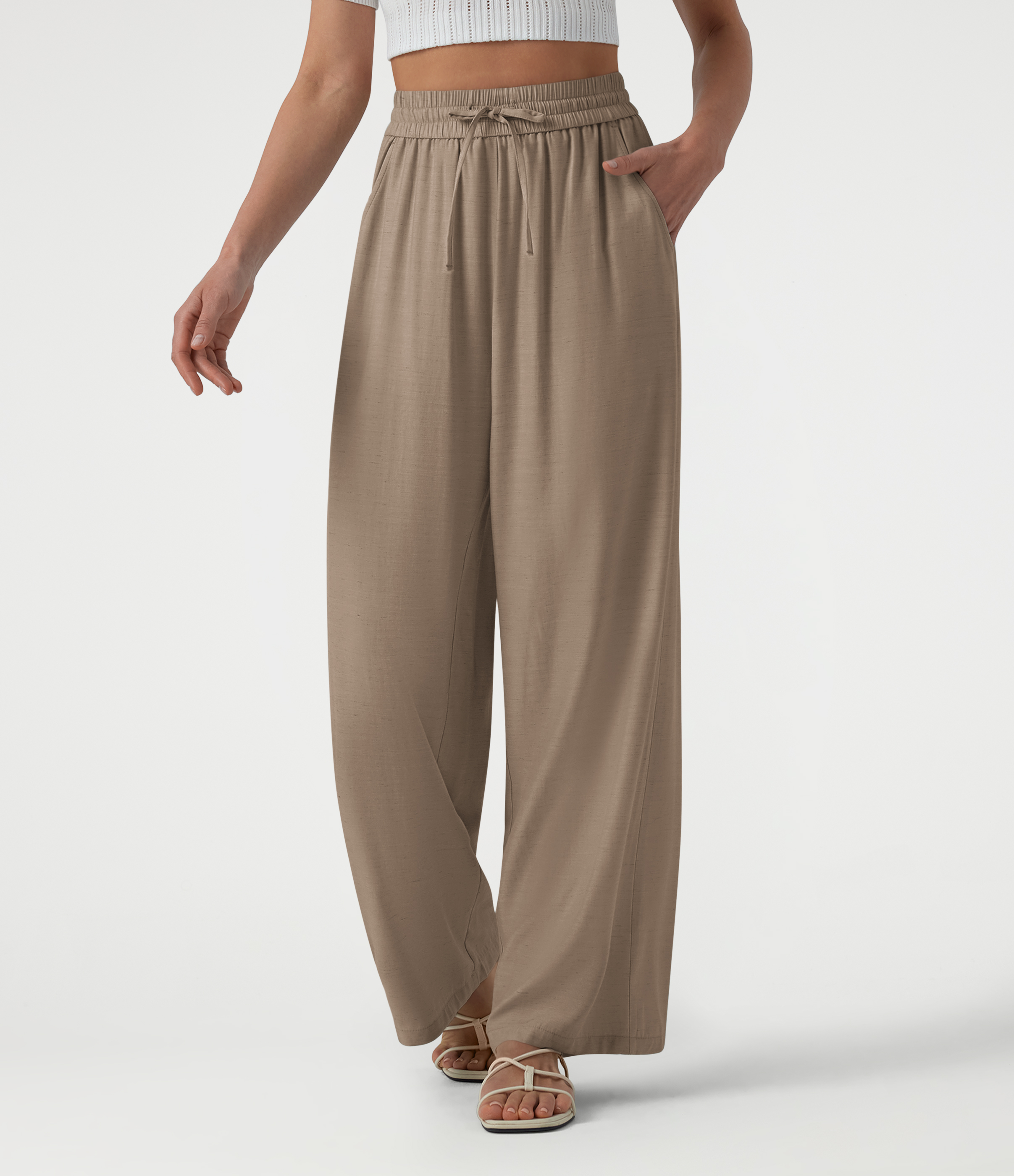 Burro High Waisted Drawstring Wide Leg Casual Linen-Blend Pants with Pockets / 2