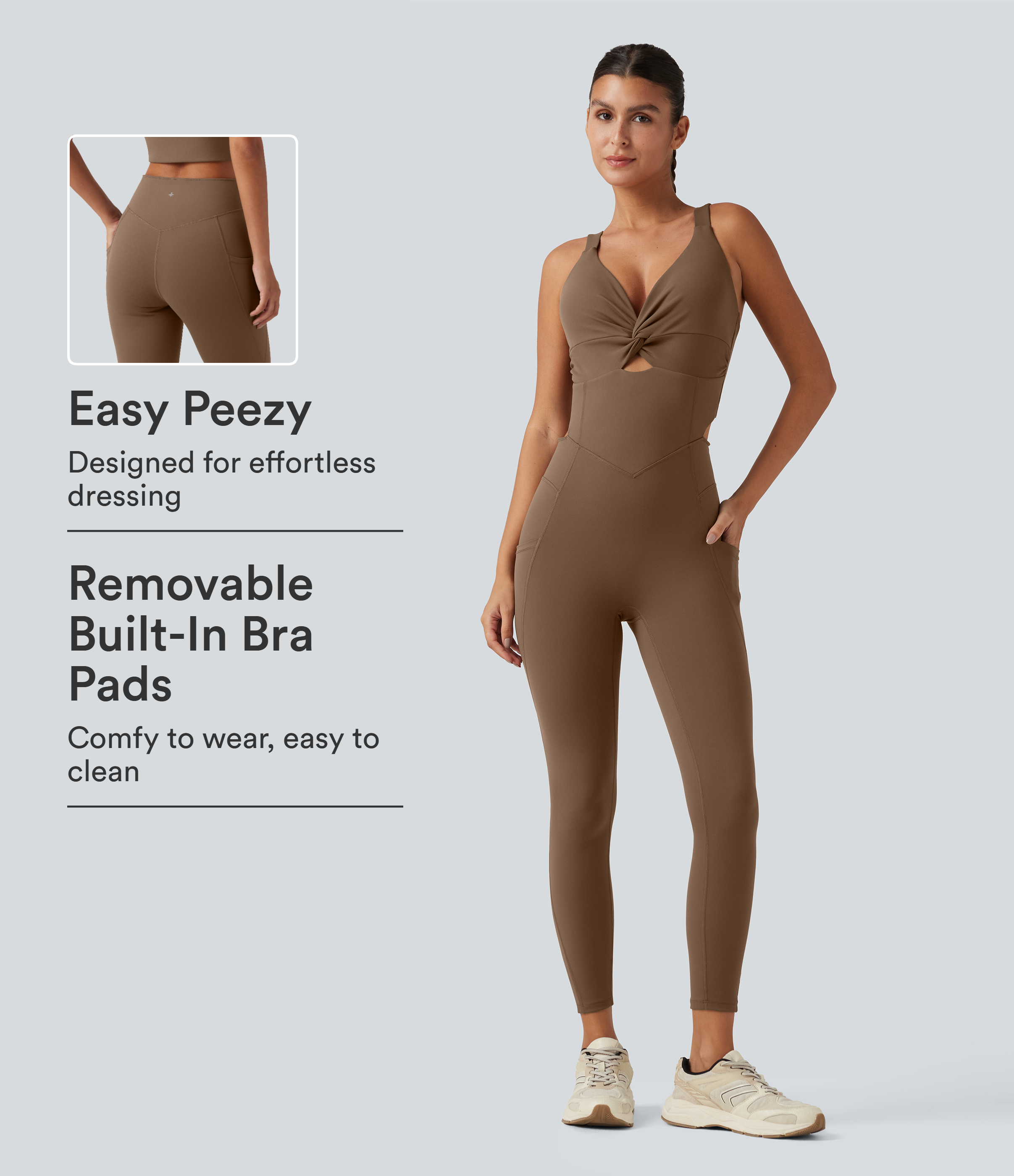 DayStretch V Neck Built-in Bra Workout Jumpsuit with Pockets-Easy Peezy Edition