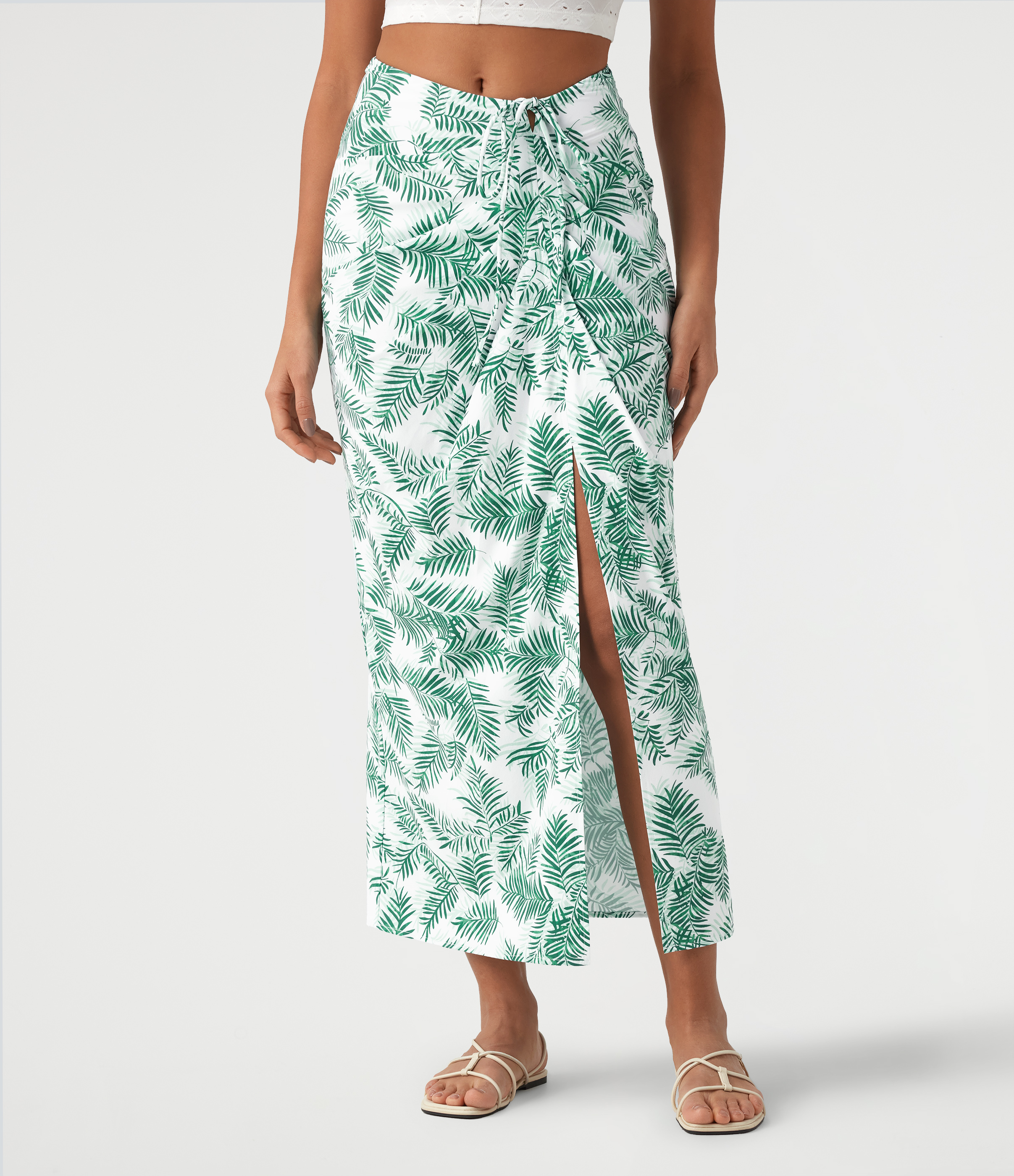 Green Vine Print Mid Rise Tie Front Bodycon Ruched Floral/Stripe Print Maxi Skirt / 2