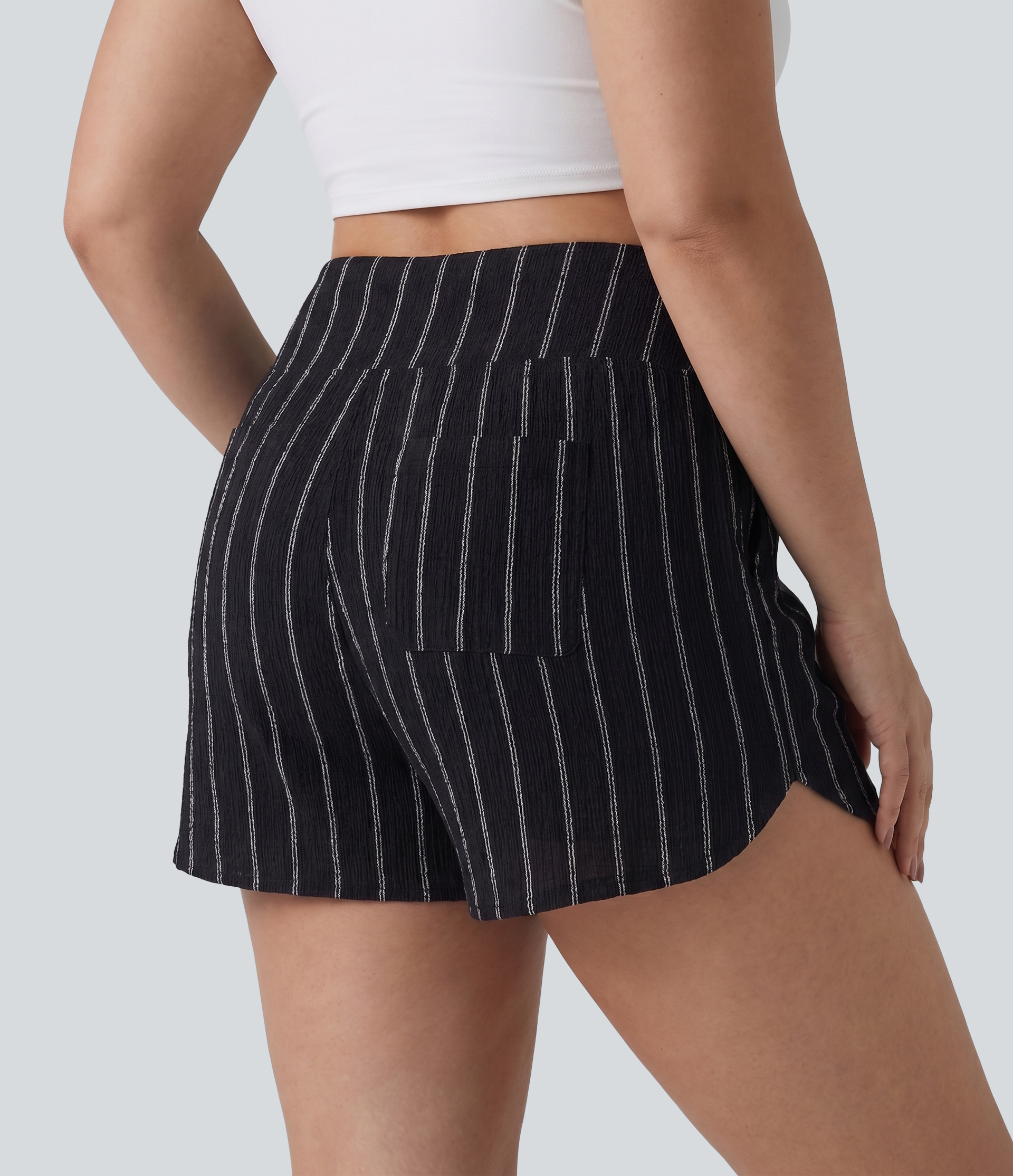 Night Dual Stripe Plus Size High Waisted Curved Hem Stripe Casual Shorts with Pockets / 2