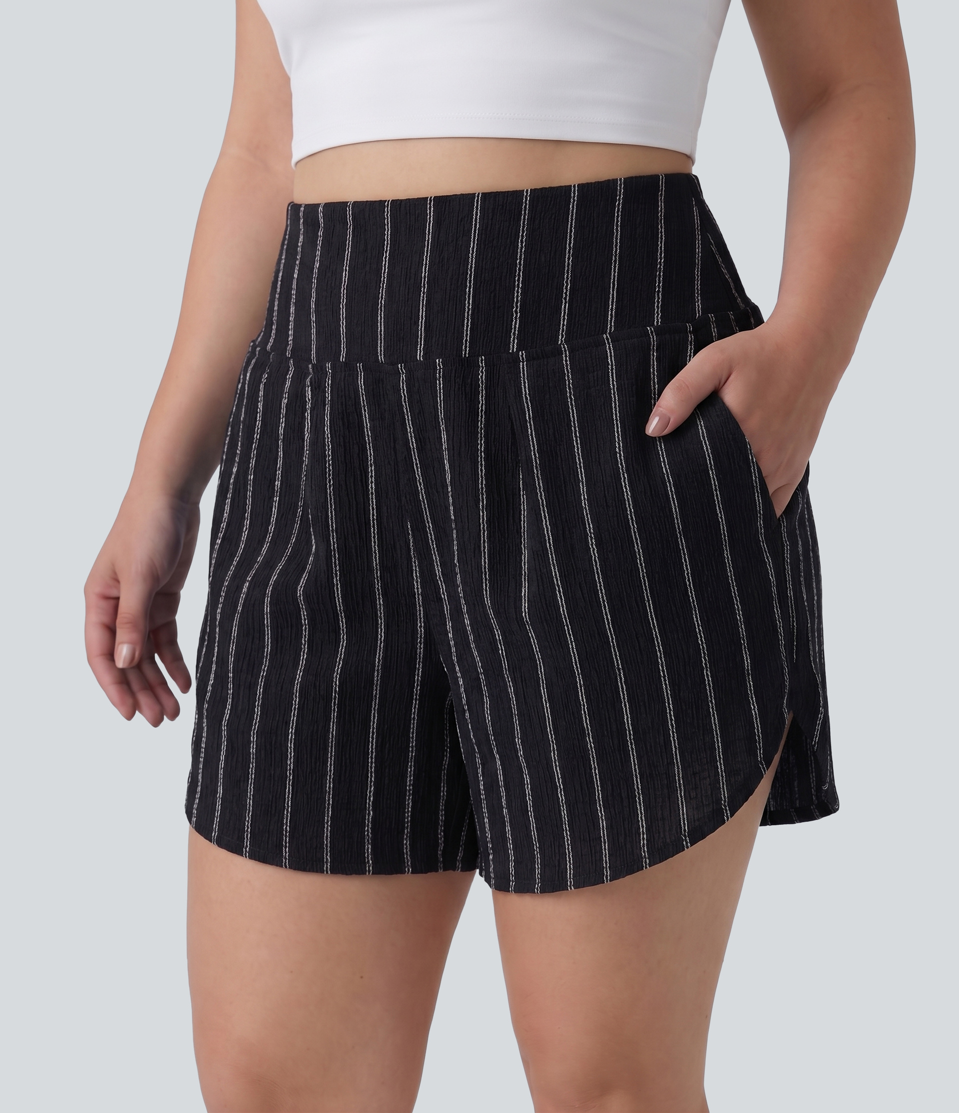 Plus Size High Waisted Curved Hem Stripe Casual Shorts with Pockets