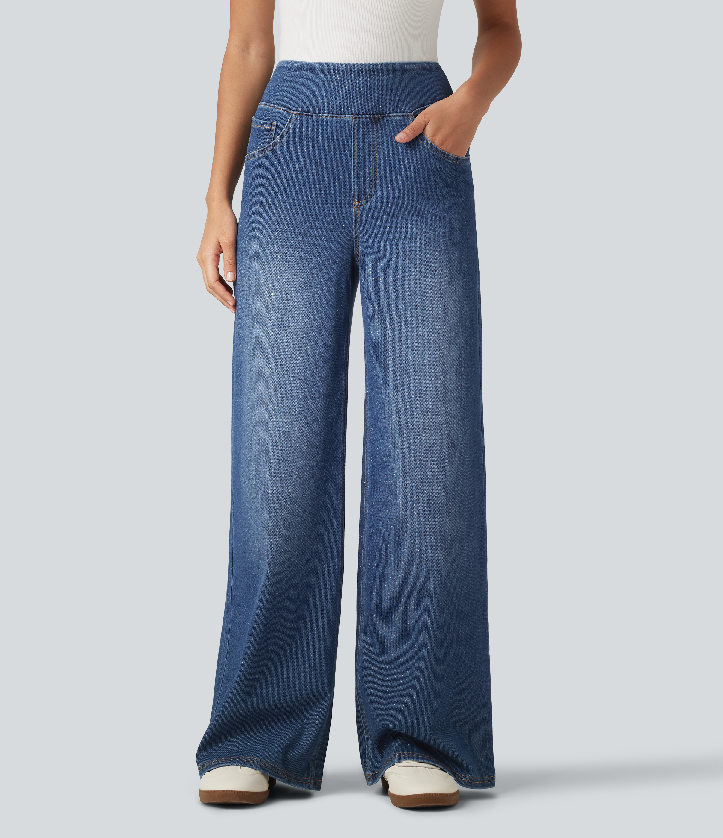 HalaraFlex™ High Waisted Wide Leg Silver Shine Casual Jeans with Pockets