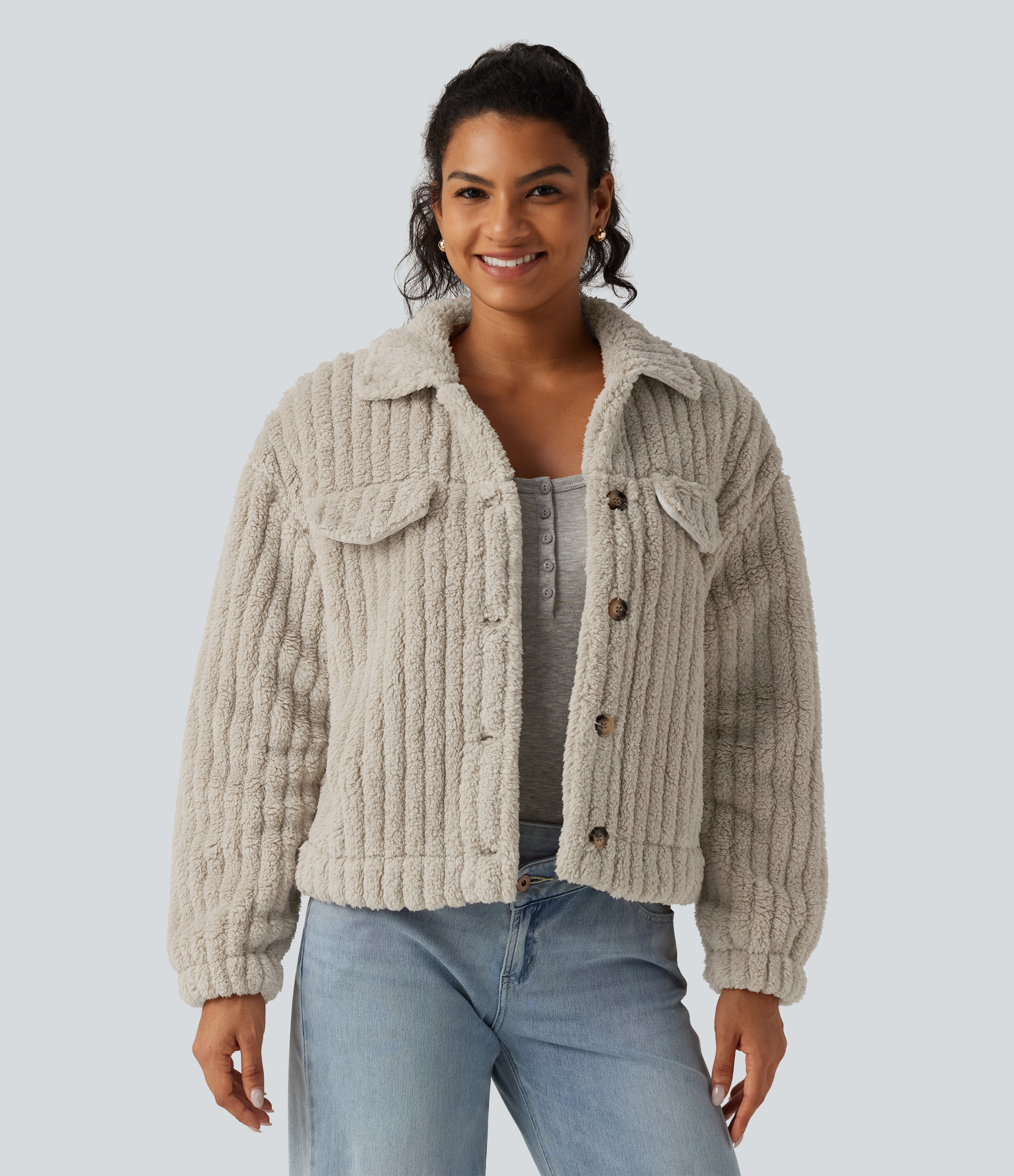 Veste décontractée en sherpa à col, boutons et manches longues