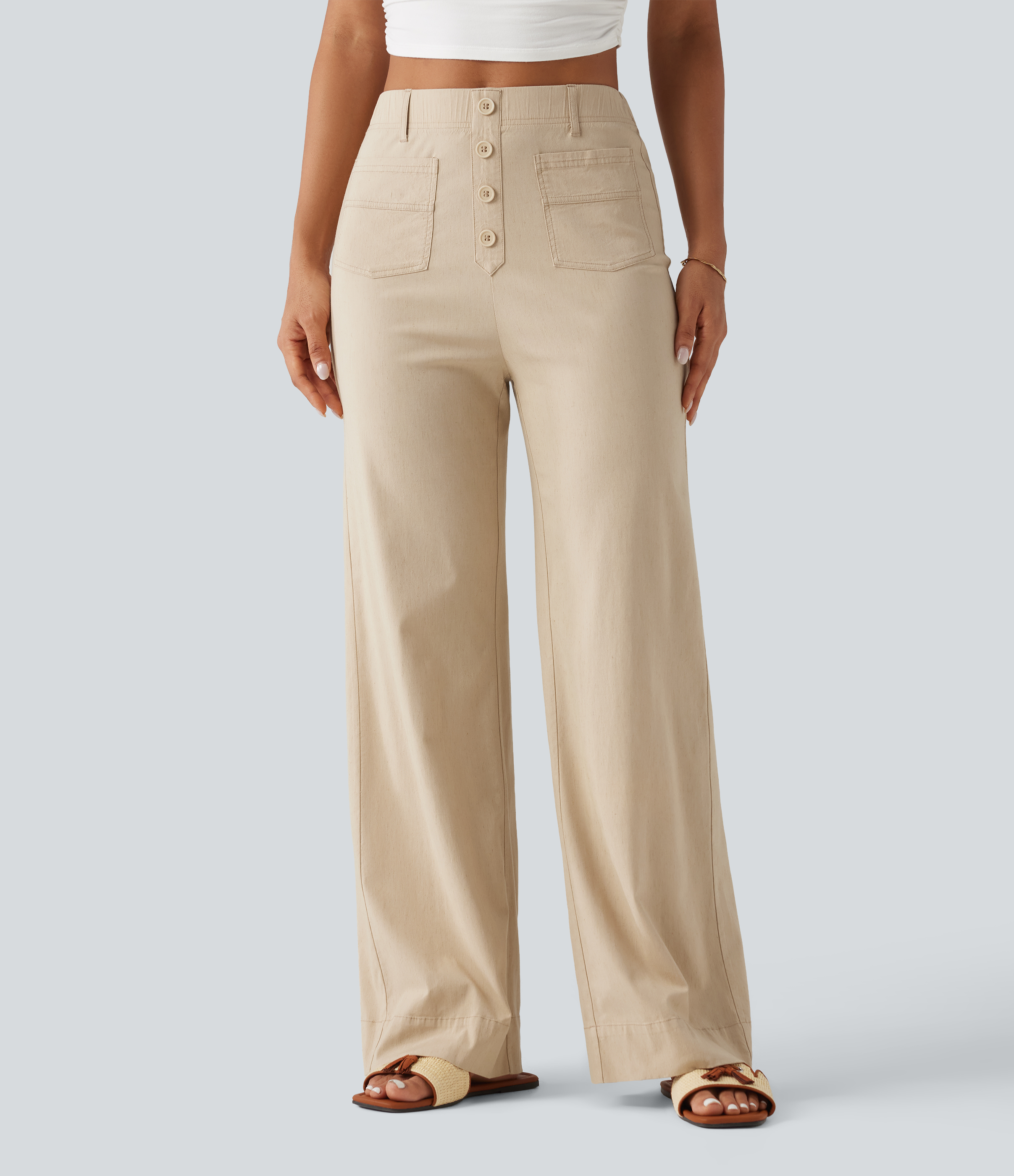 High Waisted Straight Leg Casual Stretch Linen Pants with Pockets