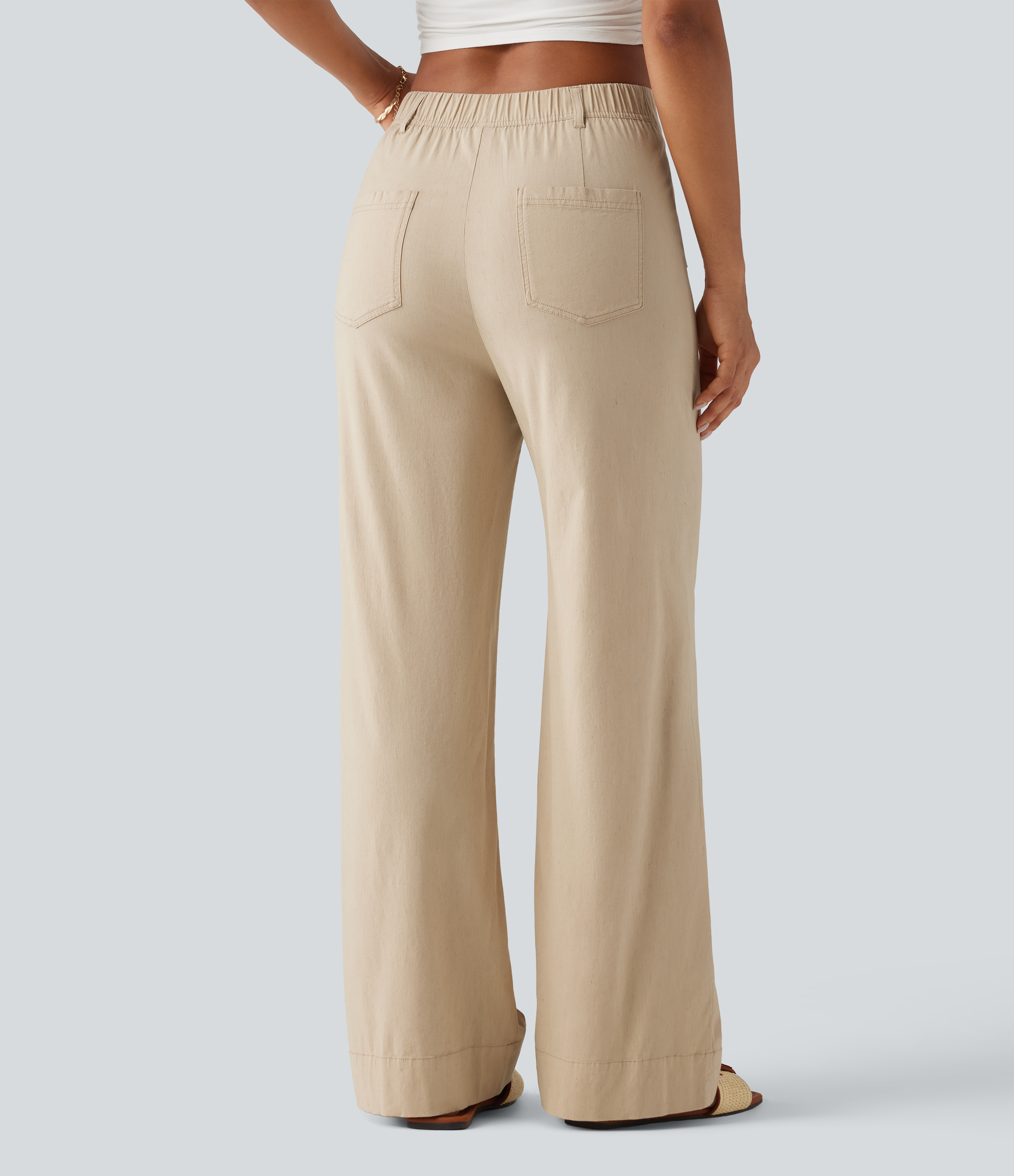 Oatfield Cream High Waisted Straight Leg Casual Stretch Linen Pants with Pockets / 2