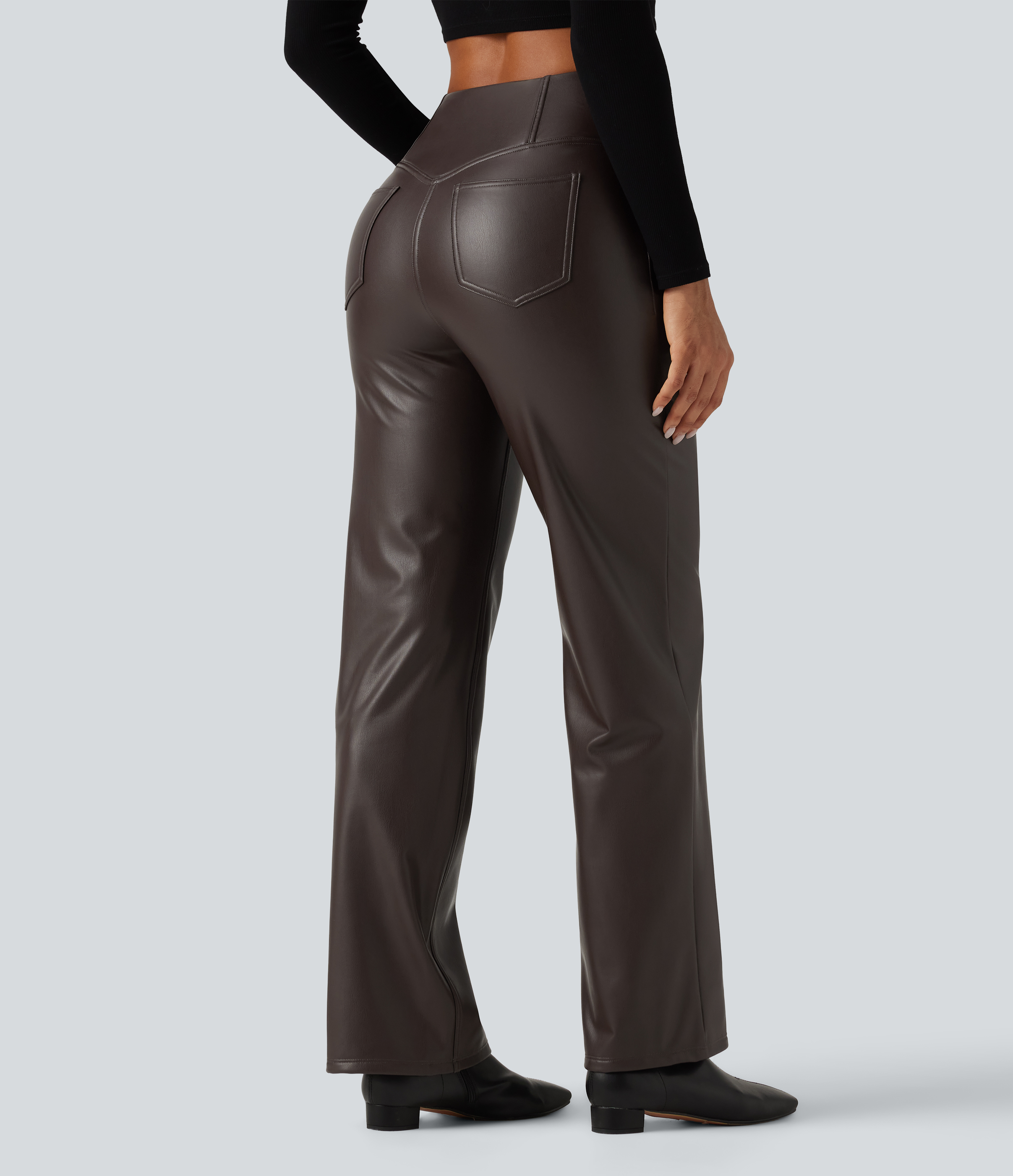 Pantalon droit taille haute croisée gainant en simili stretch doublé polaire avec poches