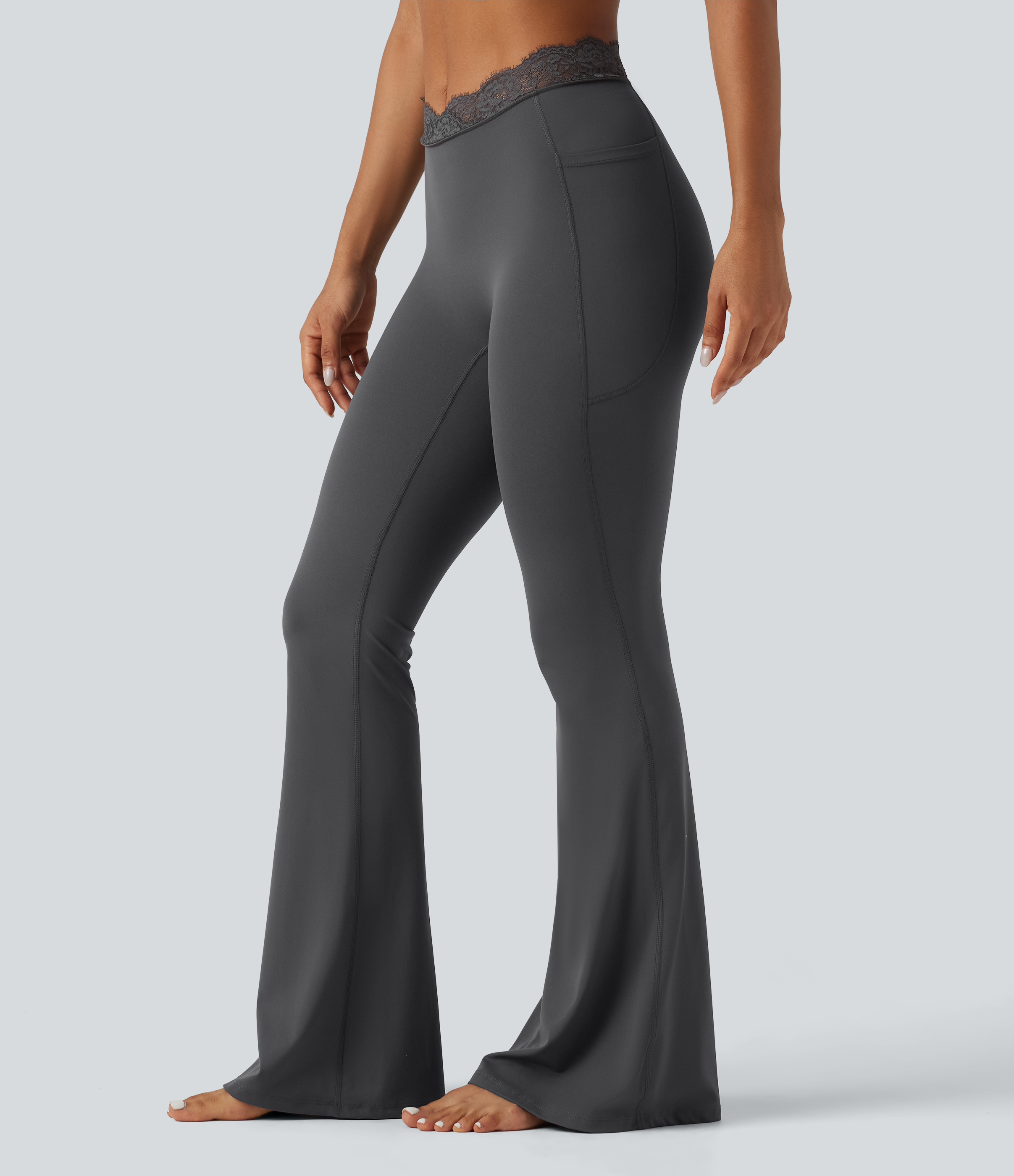 Halara UltraSculpt™ V-Shaped High Waisted Contrast Lace Yoga Flare Leggings with Pockets