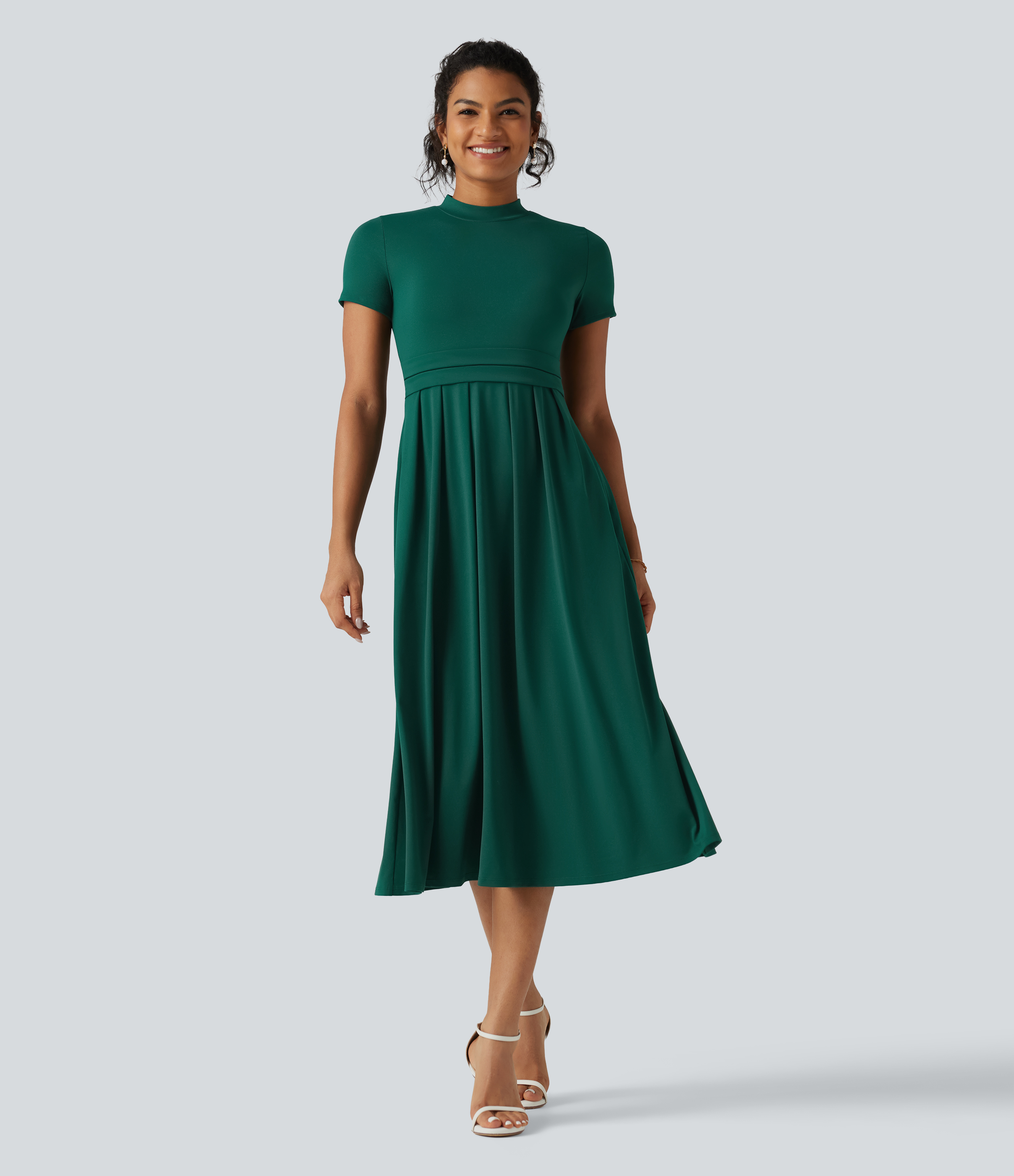 Stand Collar Short Sleeve Flare Midi Casual Dress with Pockets