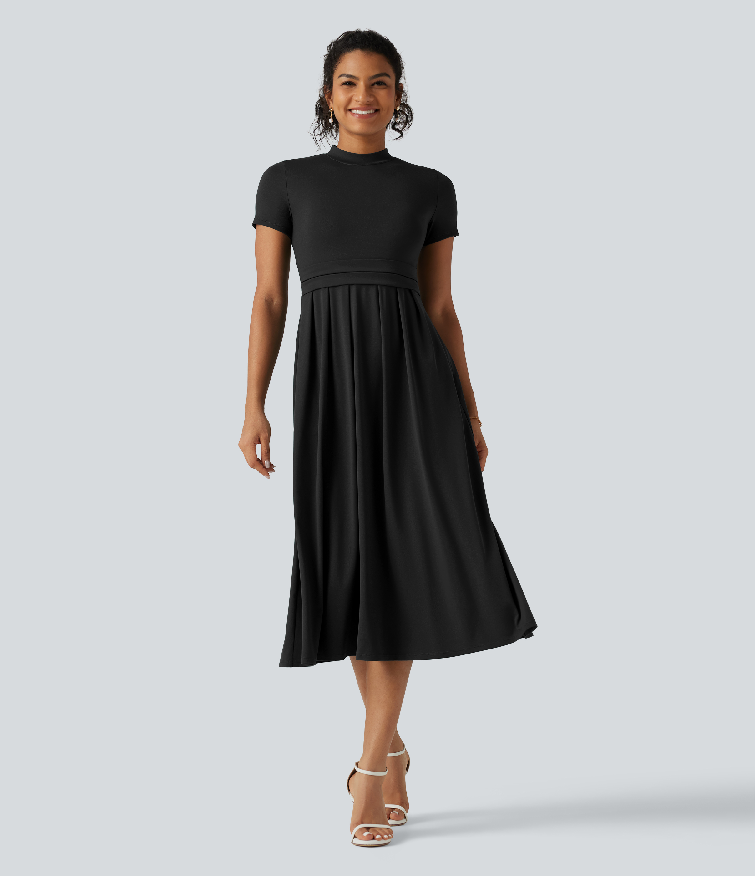 Stand Collar Short Sleeve Flare Midi Casual Dress with Pockets