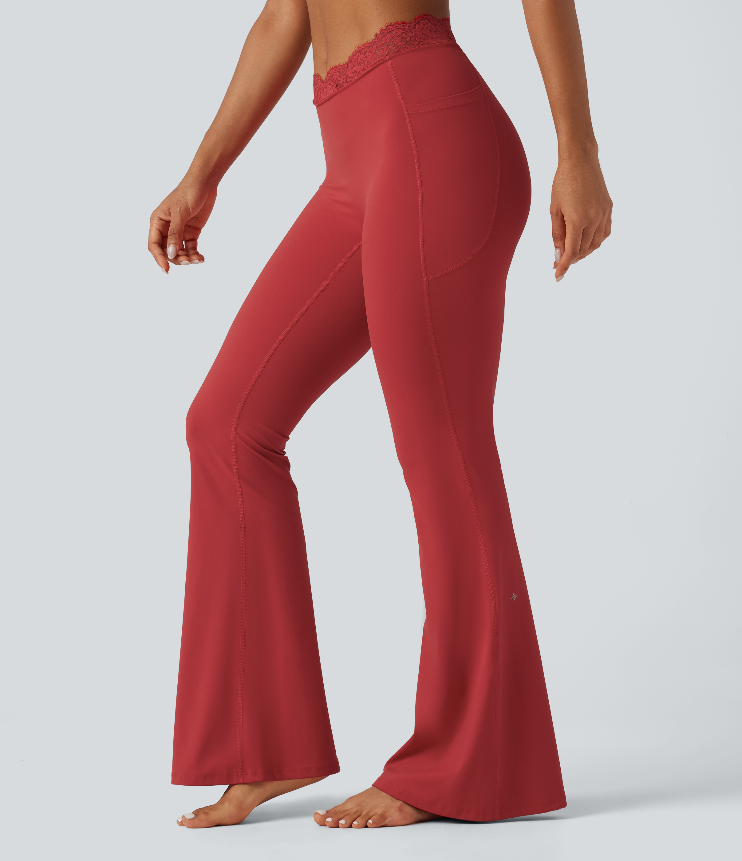 Halara UltraSculpt™ V-Shaped High Waisted Contrast Lace Yoga Flare Leggings with Pockets