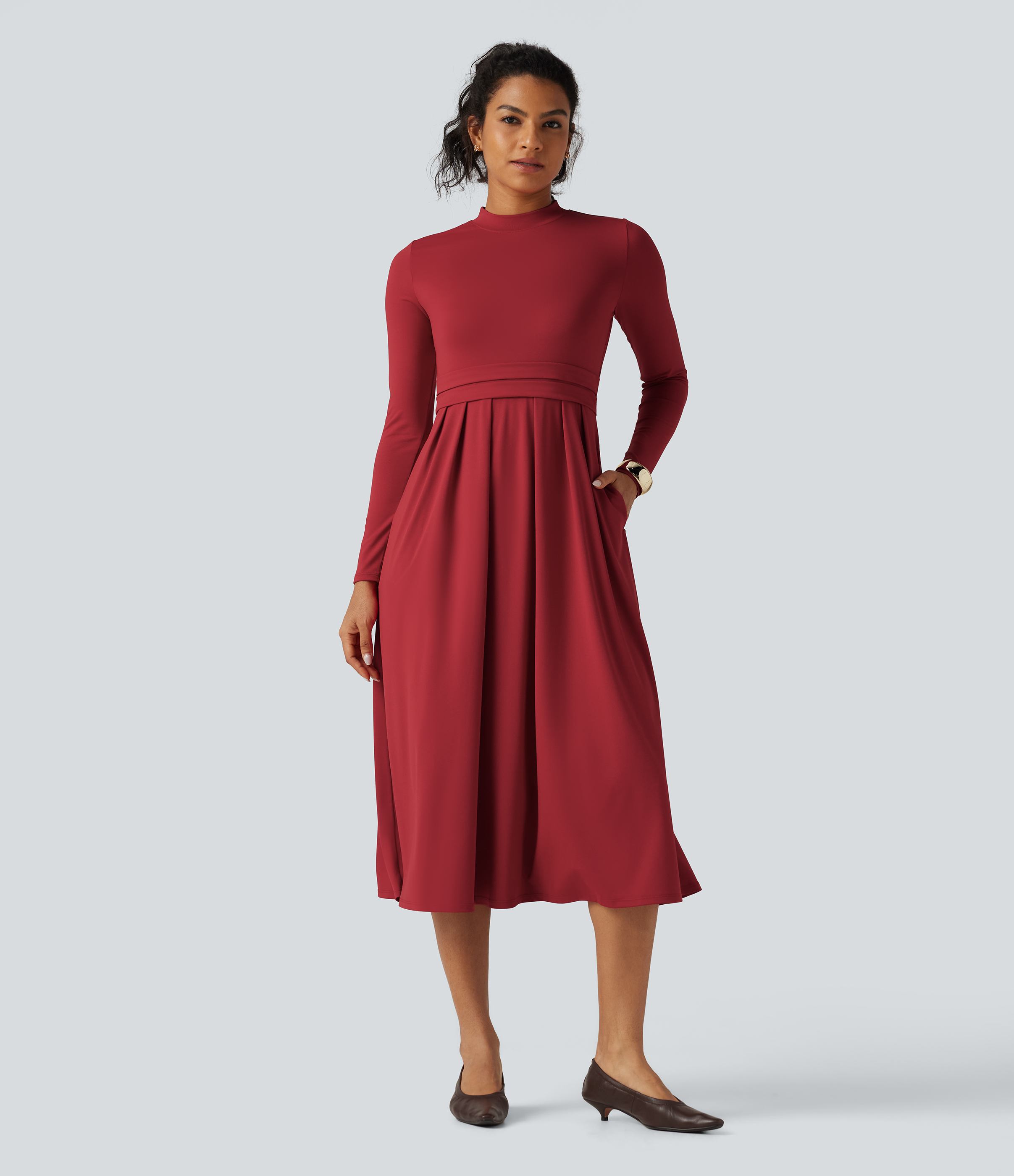 Mock Neck Ruched Long Sleeve Midi Casual Dress with Pockets