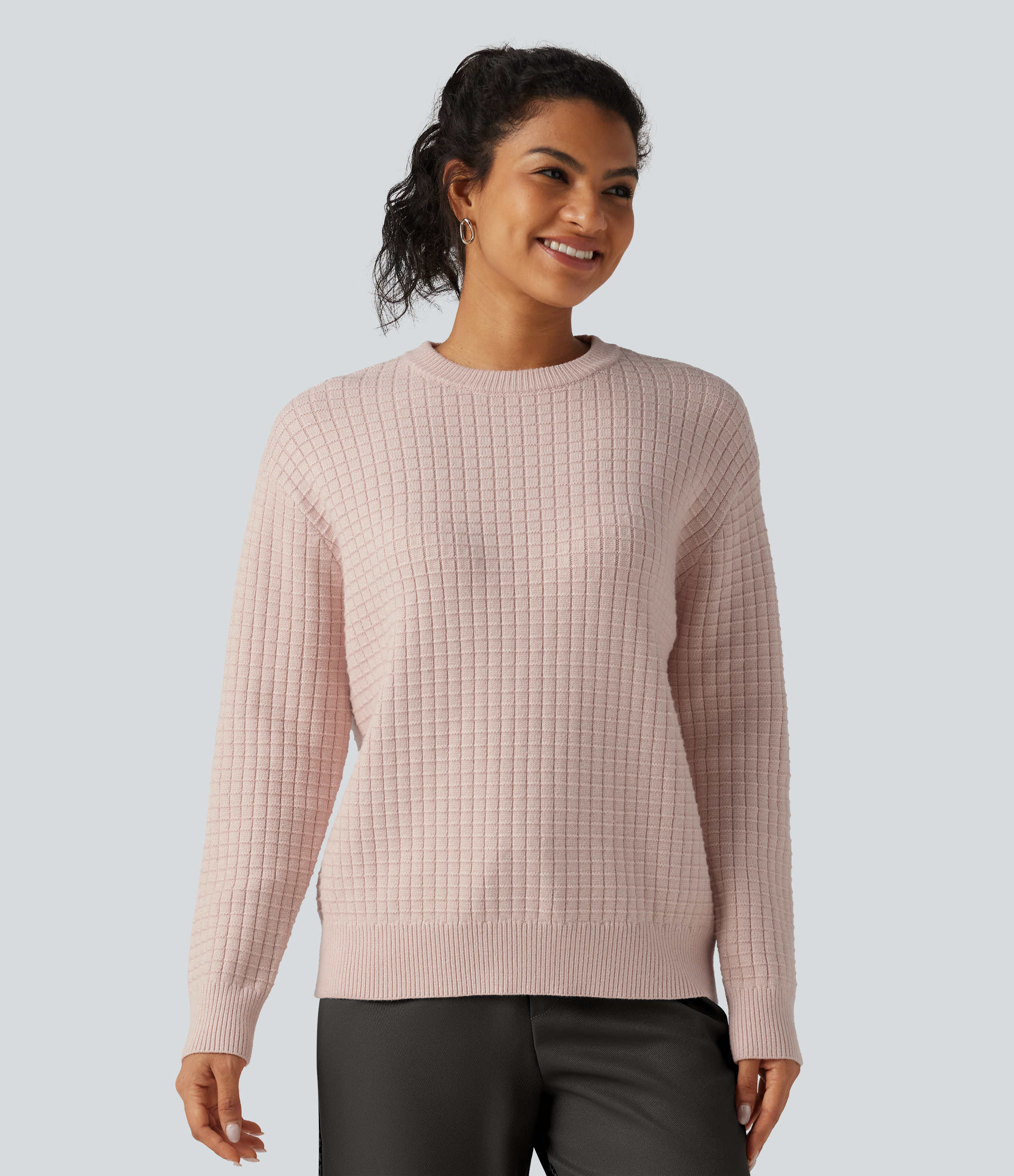 Round Neck Long Sleeve Waffle Casual Sweater