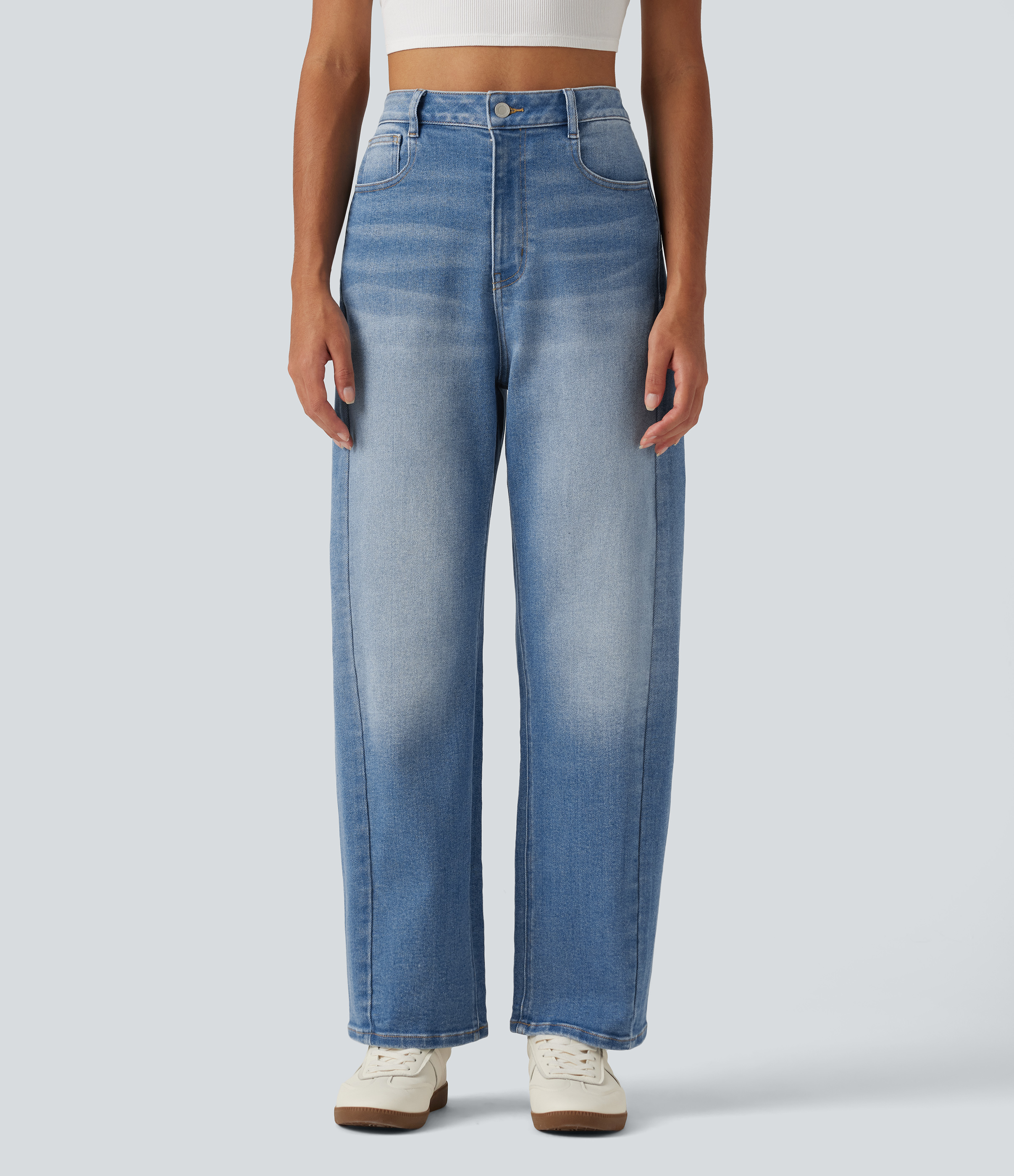 High Waisted Barrel Leg Casual Jeans with Pockets