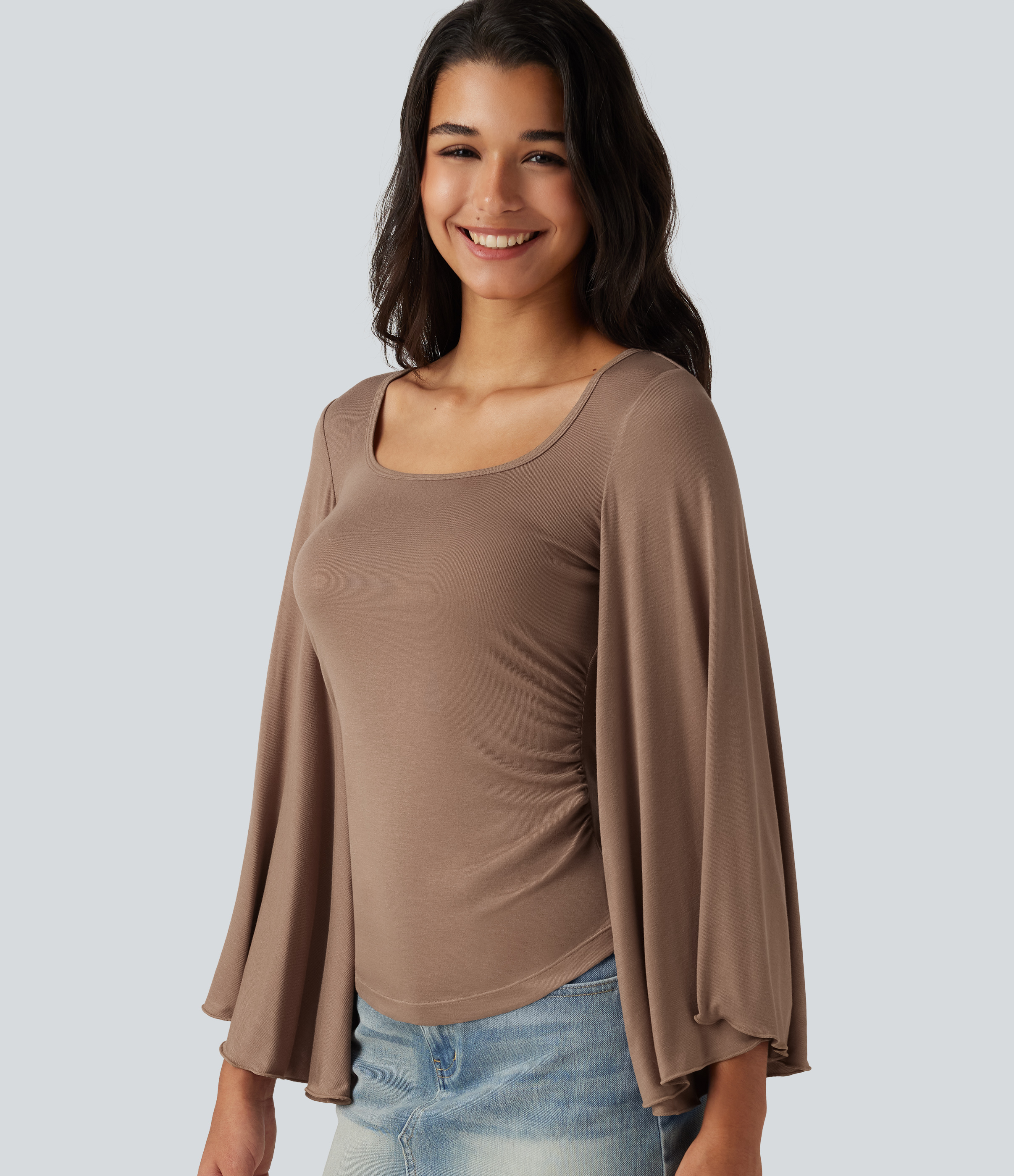 Ribbed Square Neck Flounce 7/8 Sleeve Ruched Casual T-Shirt