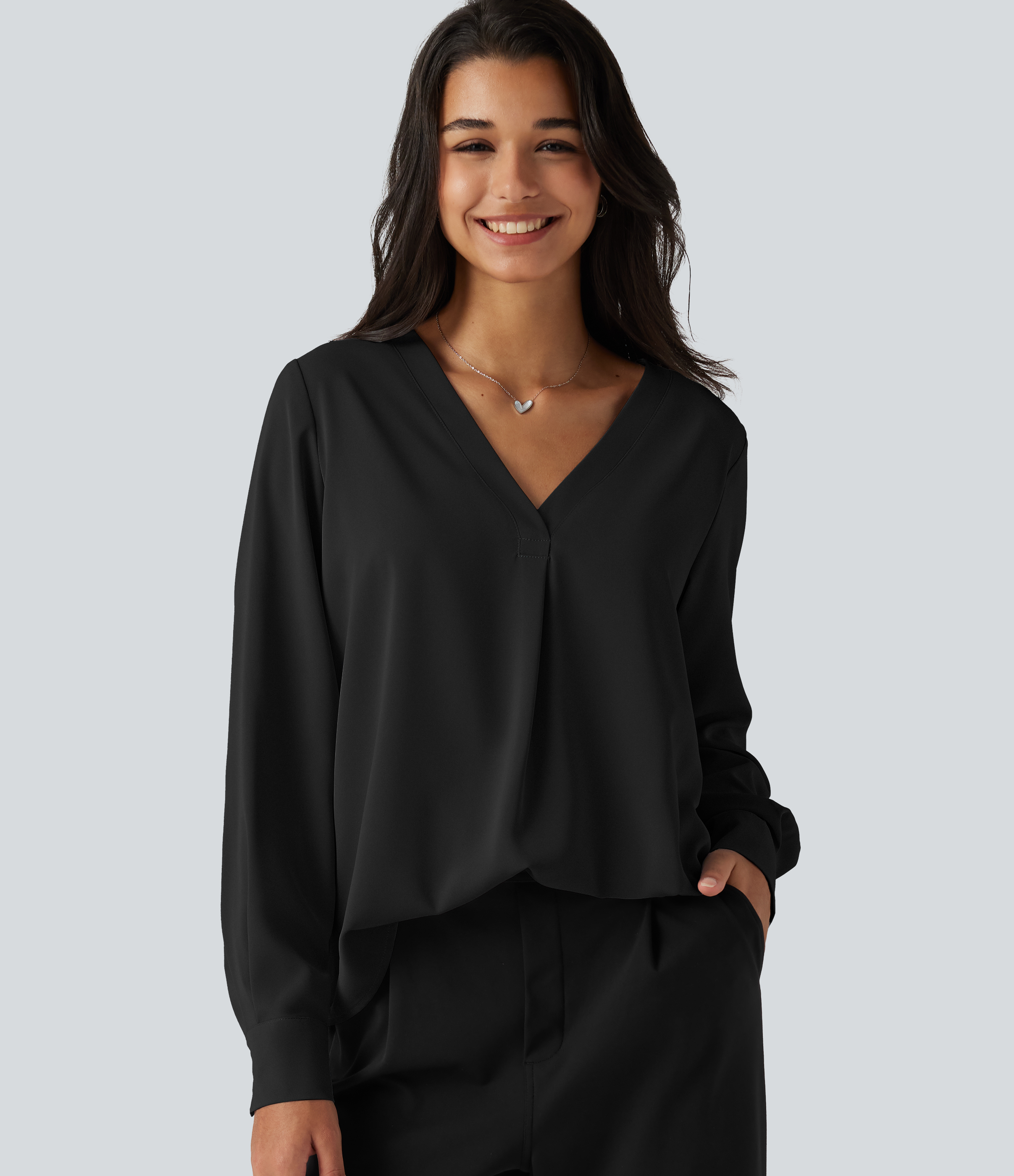 Wrinkle Recovery V Neck Long Sleeve Work Blouse