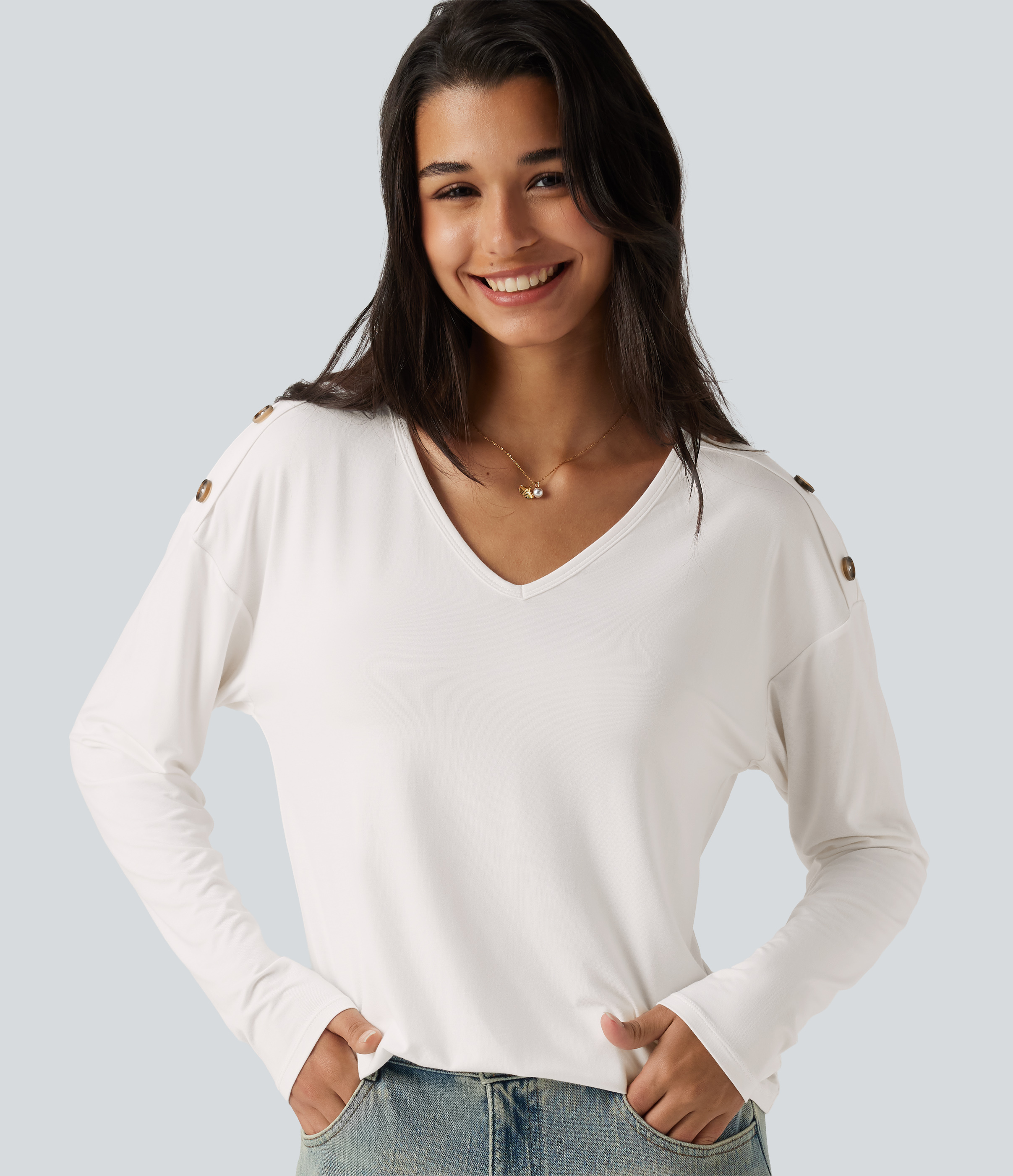 V Neck Dropped Long Sleeve Casual T-Shirt