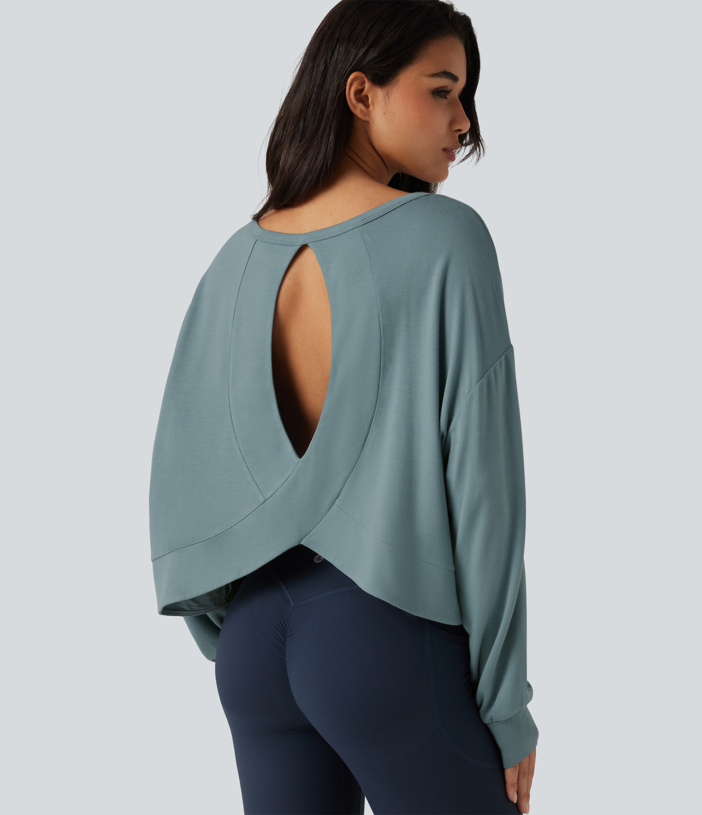 Round Neck Batwing Long Sleeve Curved Hem Cut Out Back Lounging Top