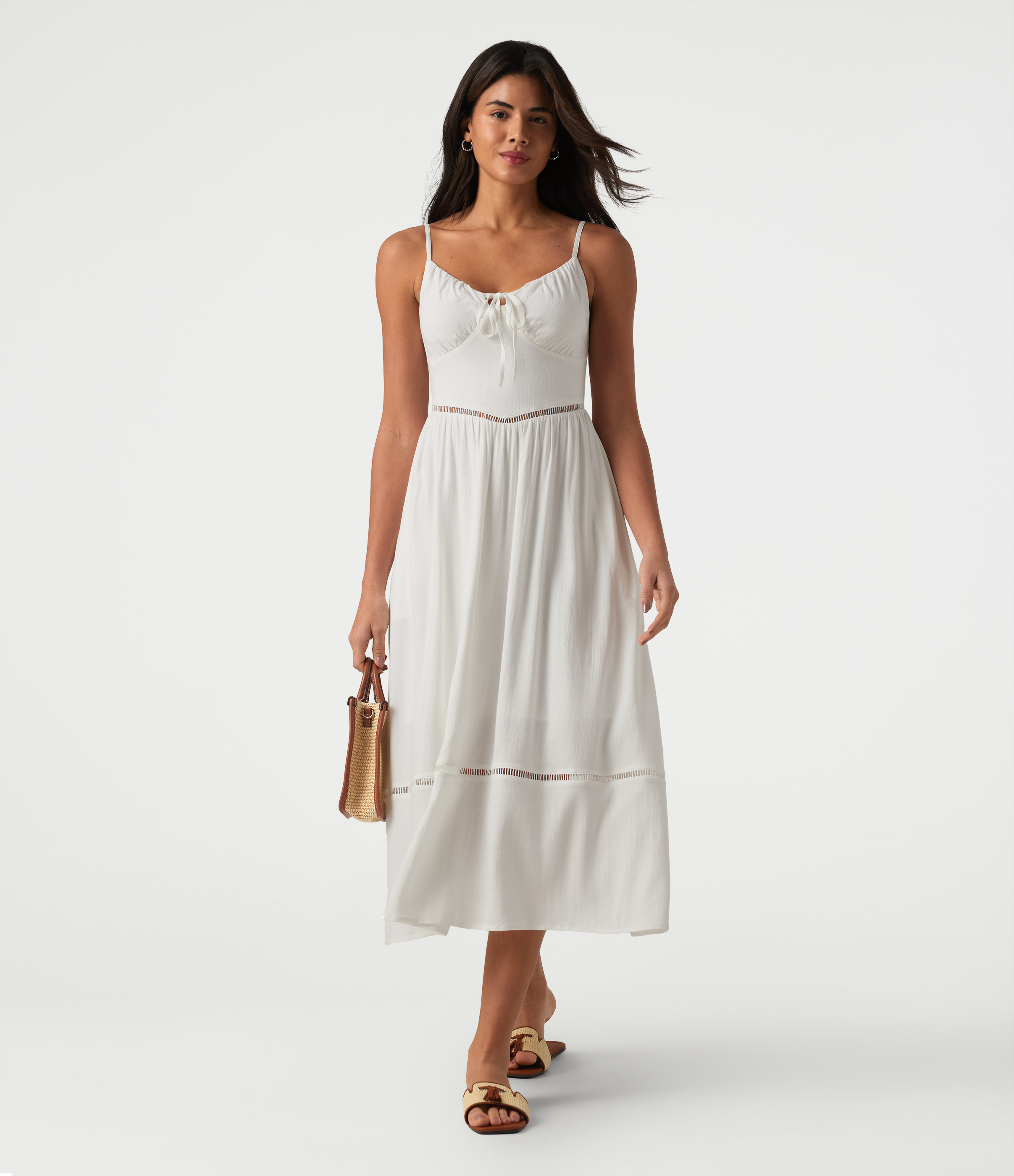 Tie Front Cut Out Midi Linen-Feel Slip Dress with Pockets