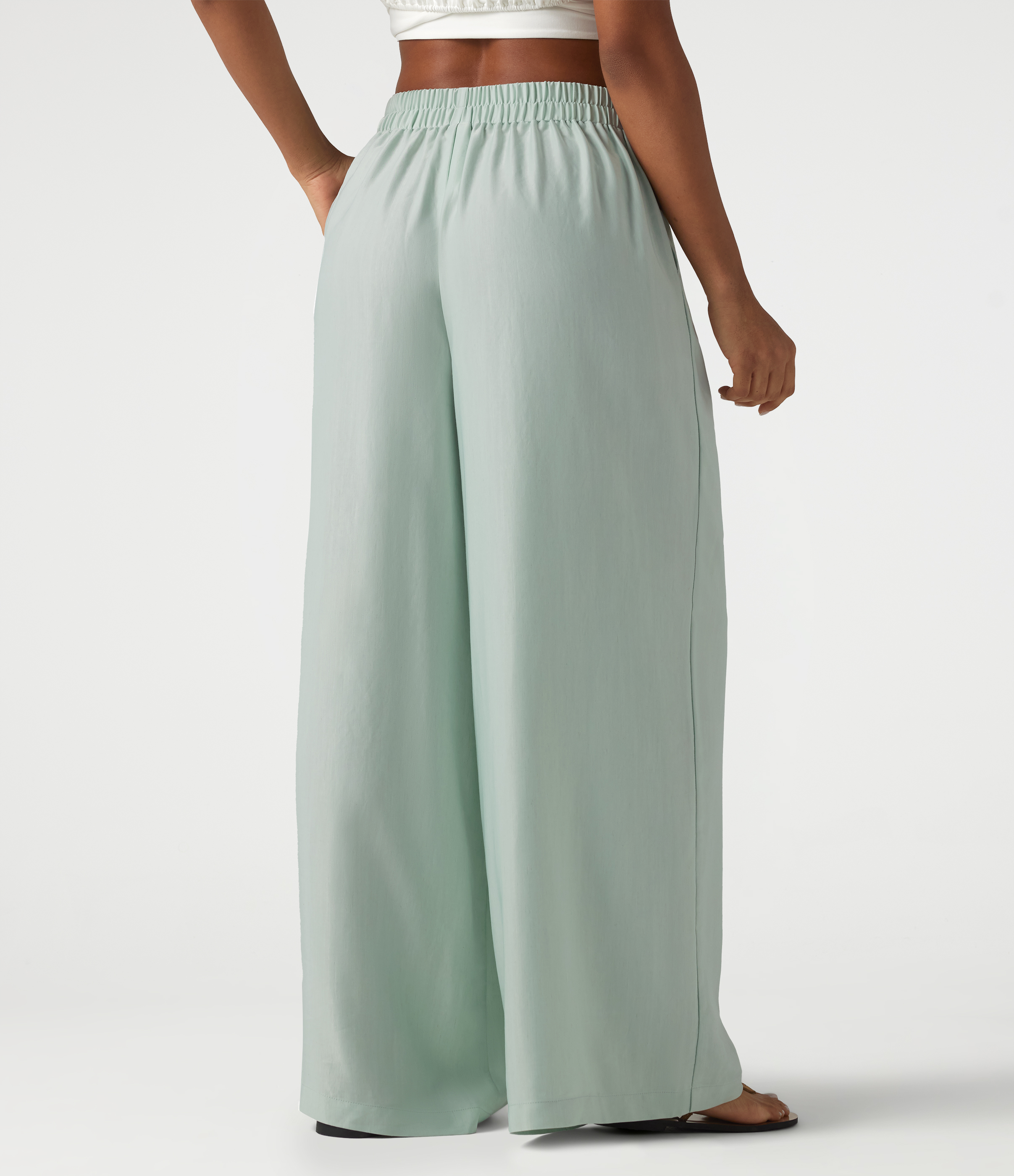 Pale Aqua High Waisted Tie Side Baggy Linen-Blend Pants with Pockets / 2
