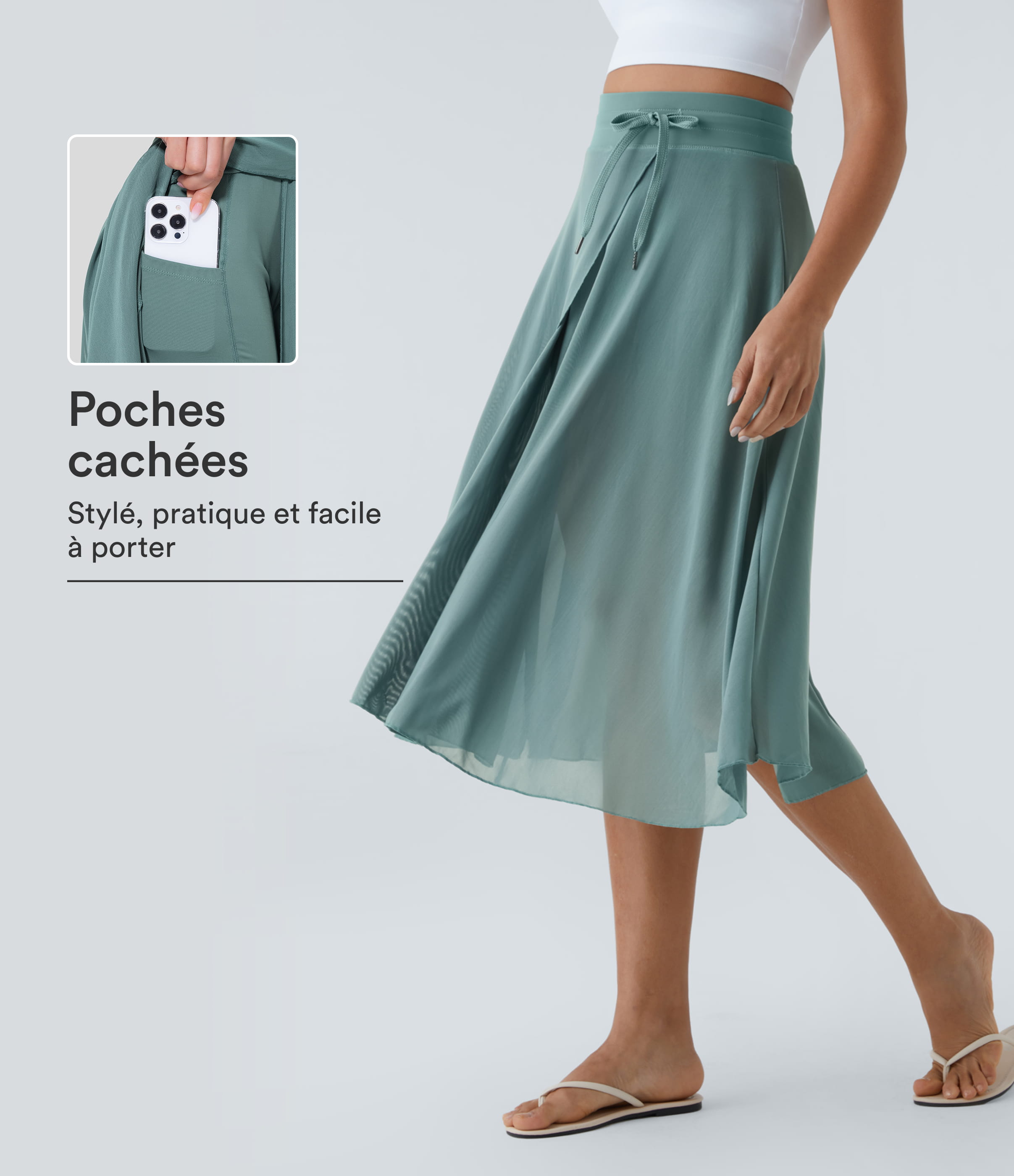 Jupe Casual Évasée Mesh Mi-Longue Fuide 2 en 1 Contrastée Taille Haute Cordon Poche Latérale