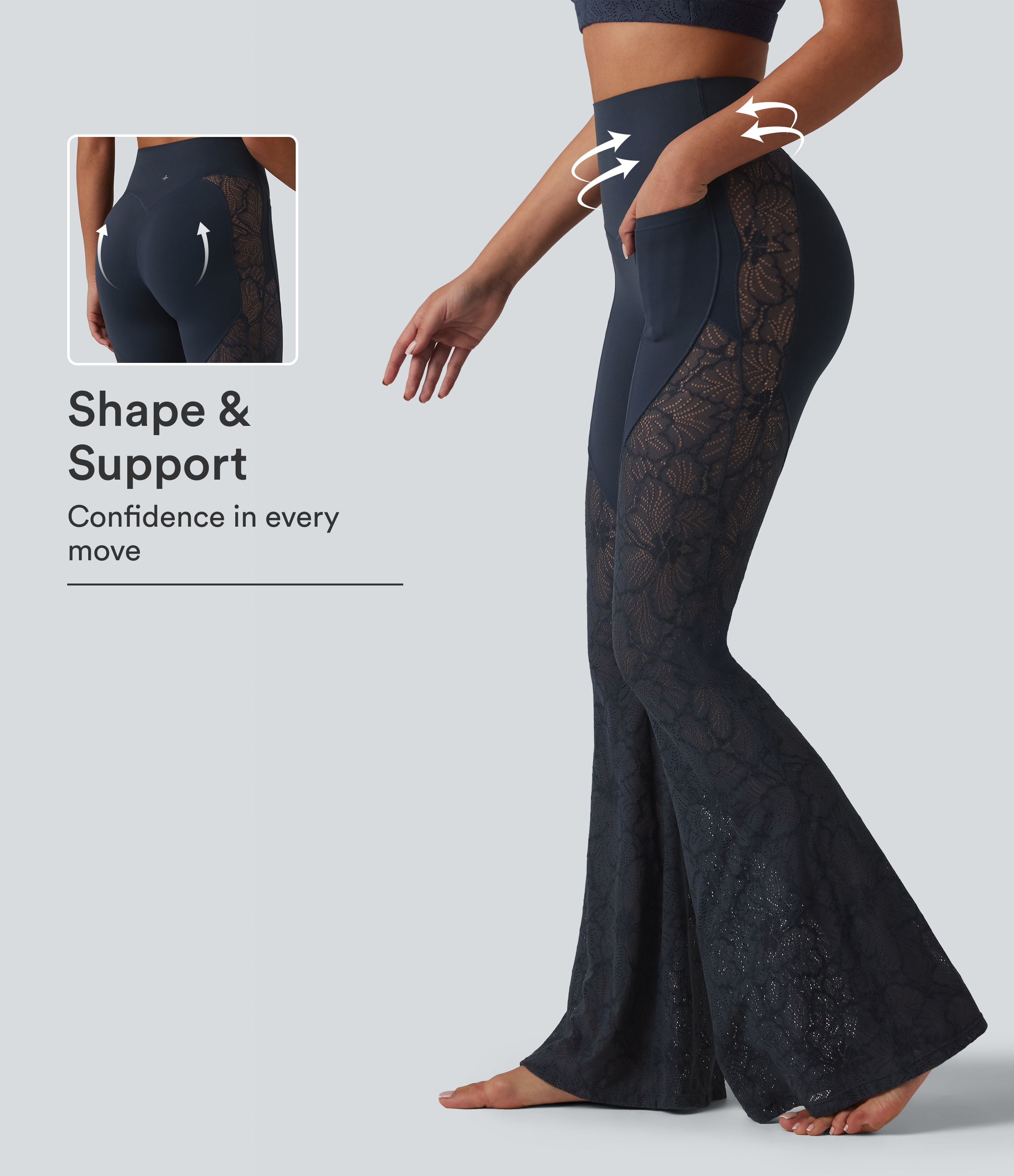 Halara UltraSculpt™ Yoga-Flare-Leggings mit hoher Taille, figurformendem Bauchbereich, Kontrastspitze und Taschen