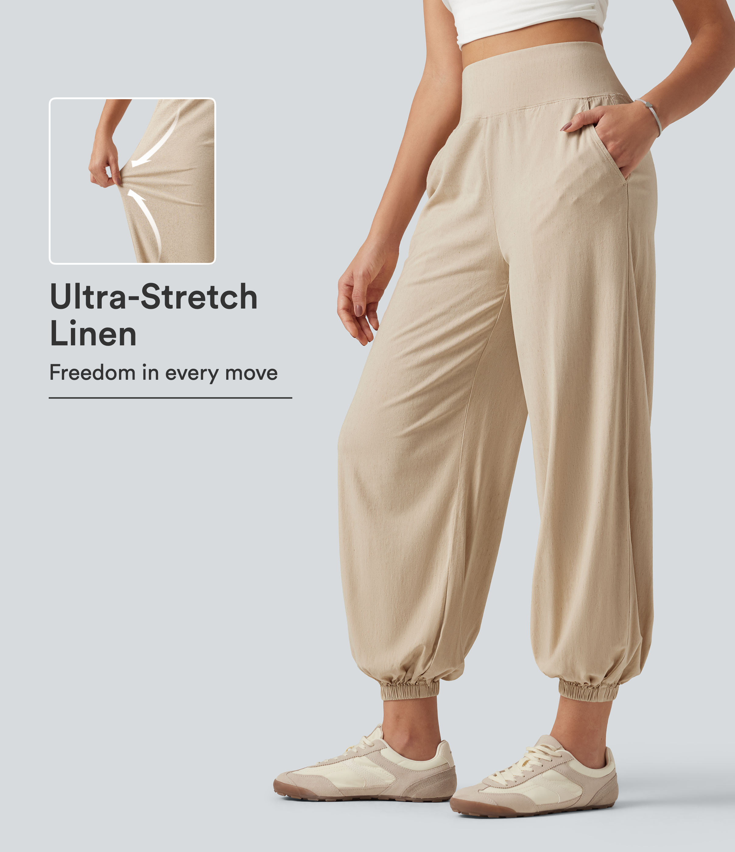Oatfield Cream Lässige Stretch-Leinen-Jogger mit hohem Bund und Taschen / 1