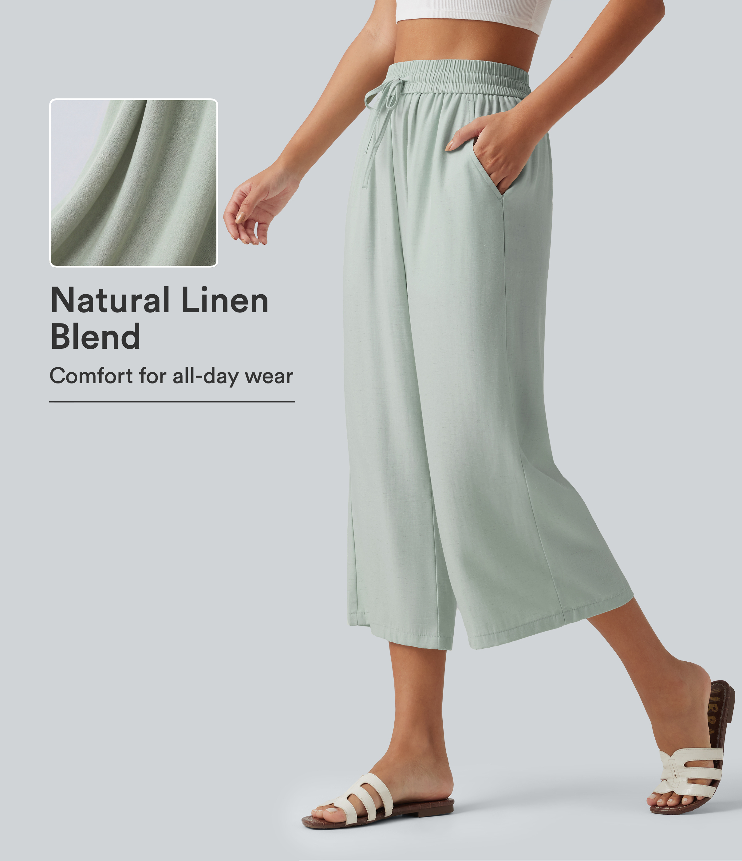 Lässige, verkürzte Hose aus Leinenmischgewebe mit hohem Bund, Seitentaschen, Kordelzug und weitem Bein