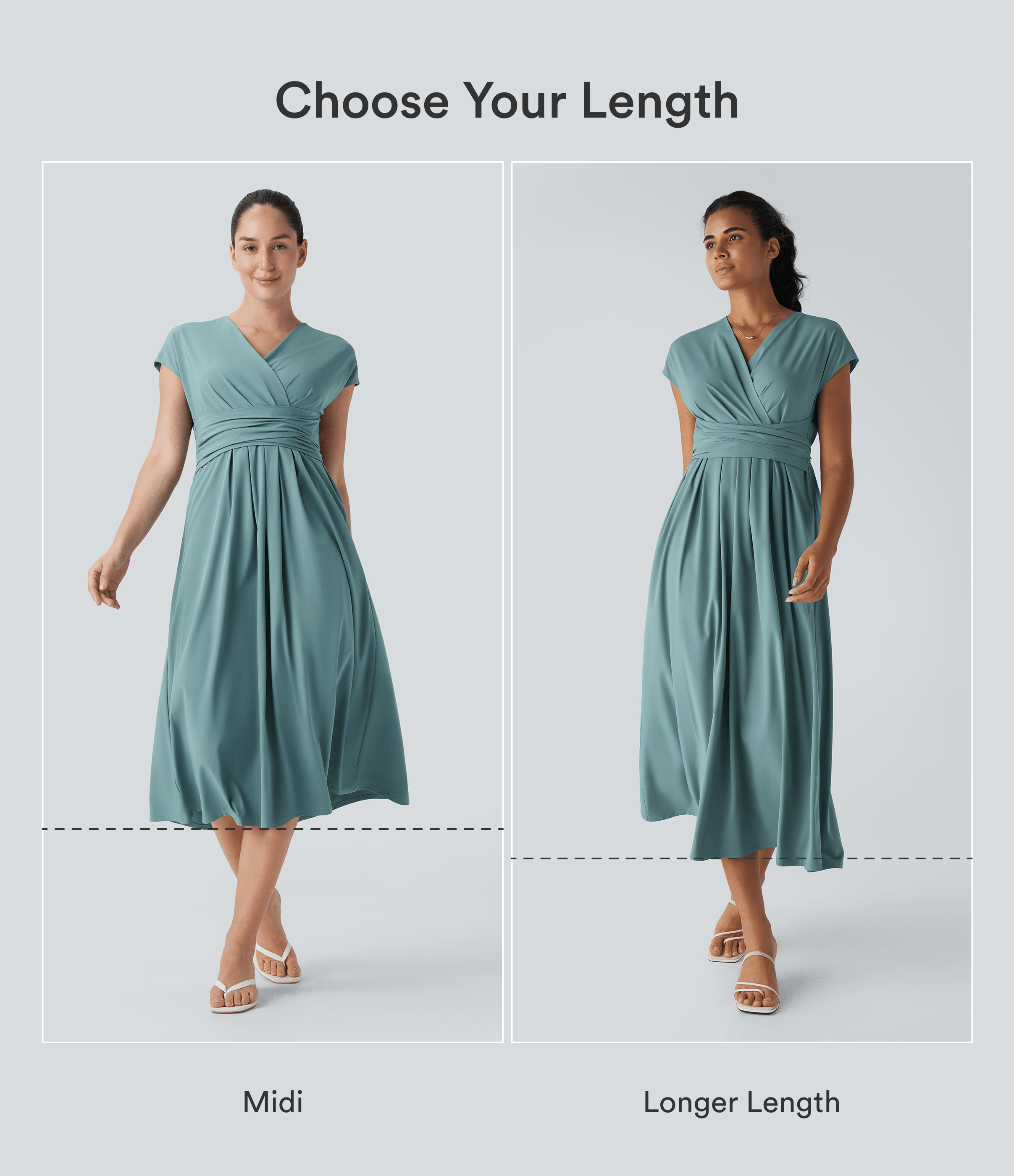 Stone Blue Breezeful™ V-Ausschnitt Kurzarm Midi-Freizeitkleid mit Tasche, Bindeband hinten, schnell trocknend / 2