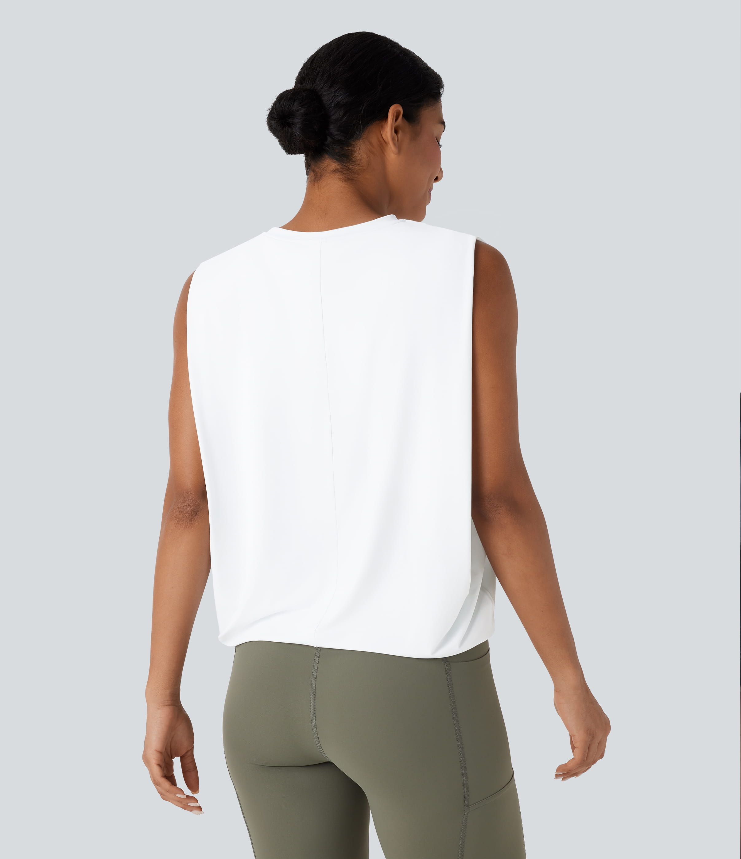 White Round Neck Ruched Cool Touch Yoga Tank Top-UPF50+ / 2