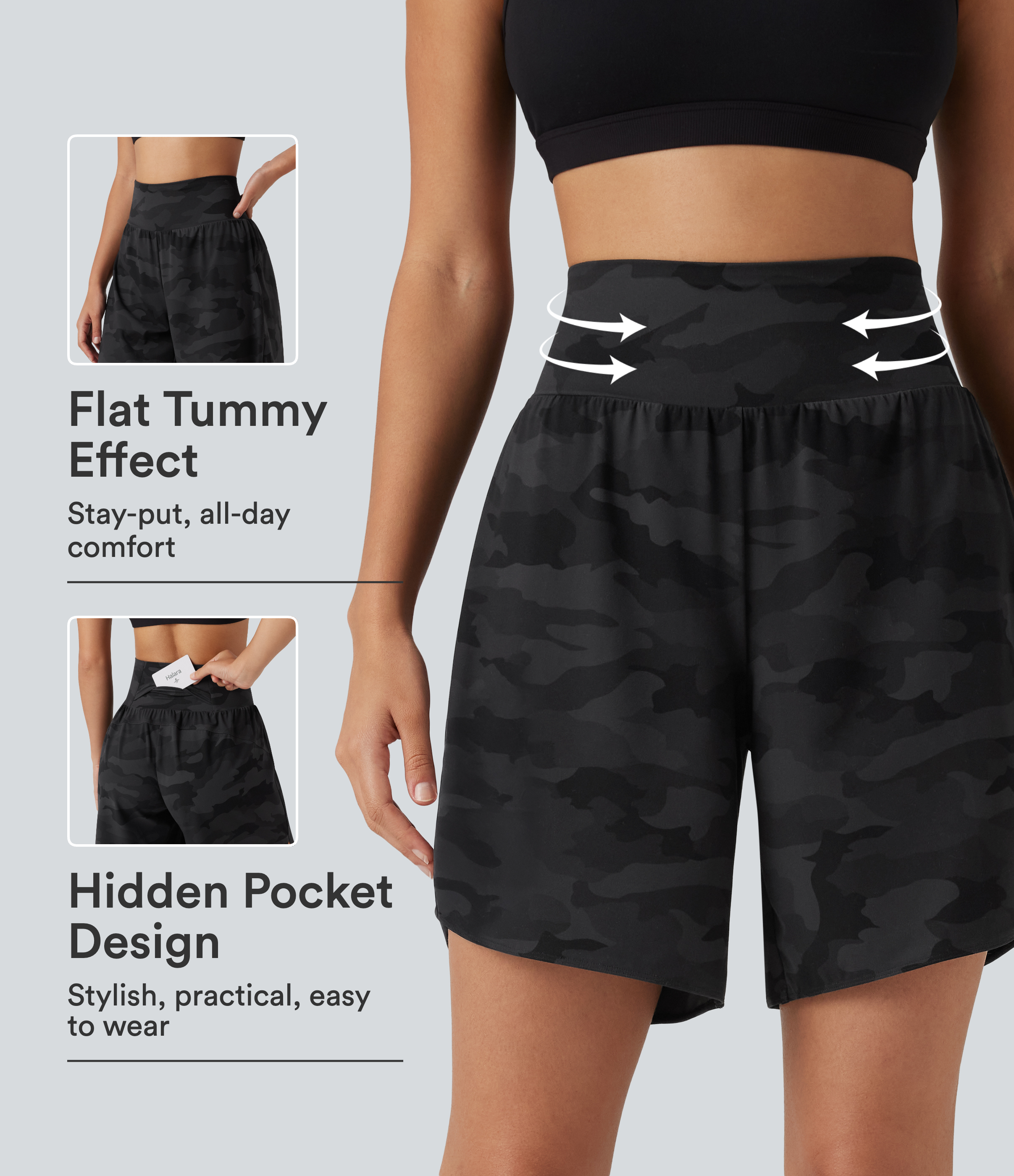 Halara UltraSculpt™ Camo Print High Waisted Tummy Control Curved Hem Running Shorts 7" with Pocket