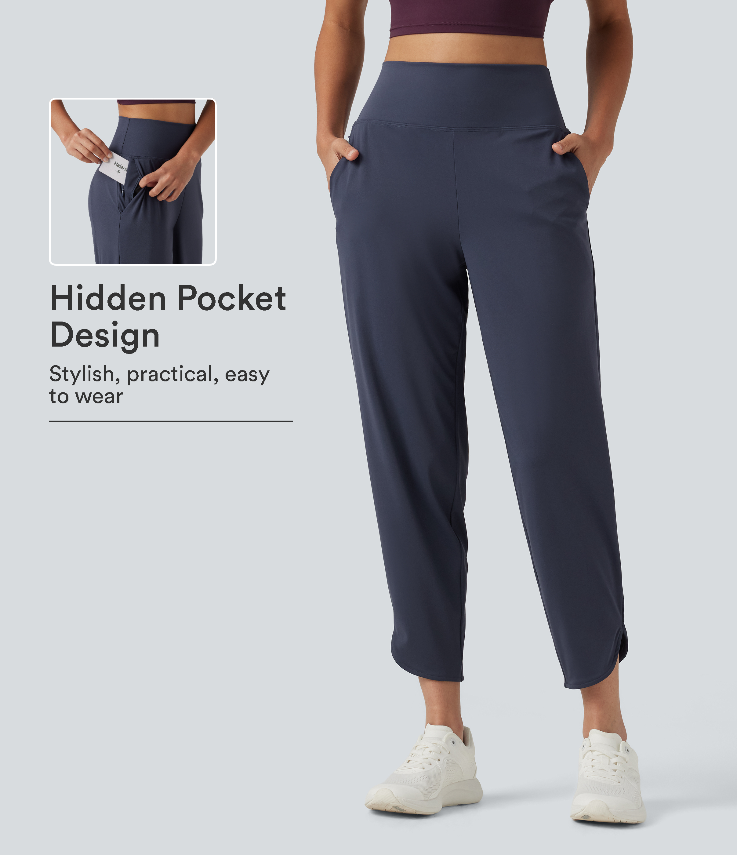 High Waisted Inner Drawstring Cropped Curved Hem InstantCool Quick Dry Running Pants with Pockets-UPF50+
