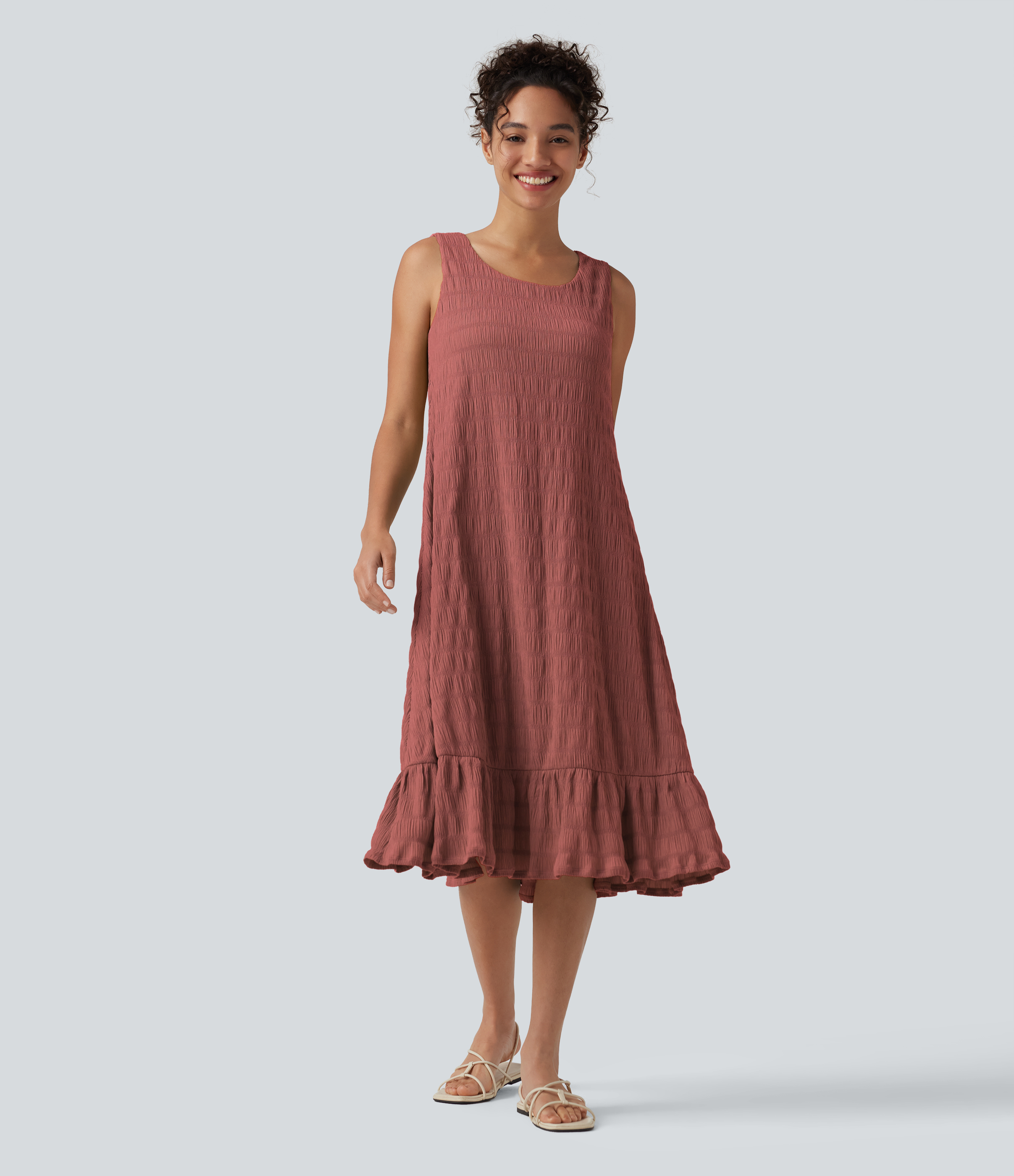 Round Neck Built-in Bra Sleeveless Ruffle Hem Midi Casual Dress