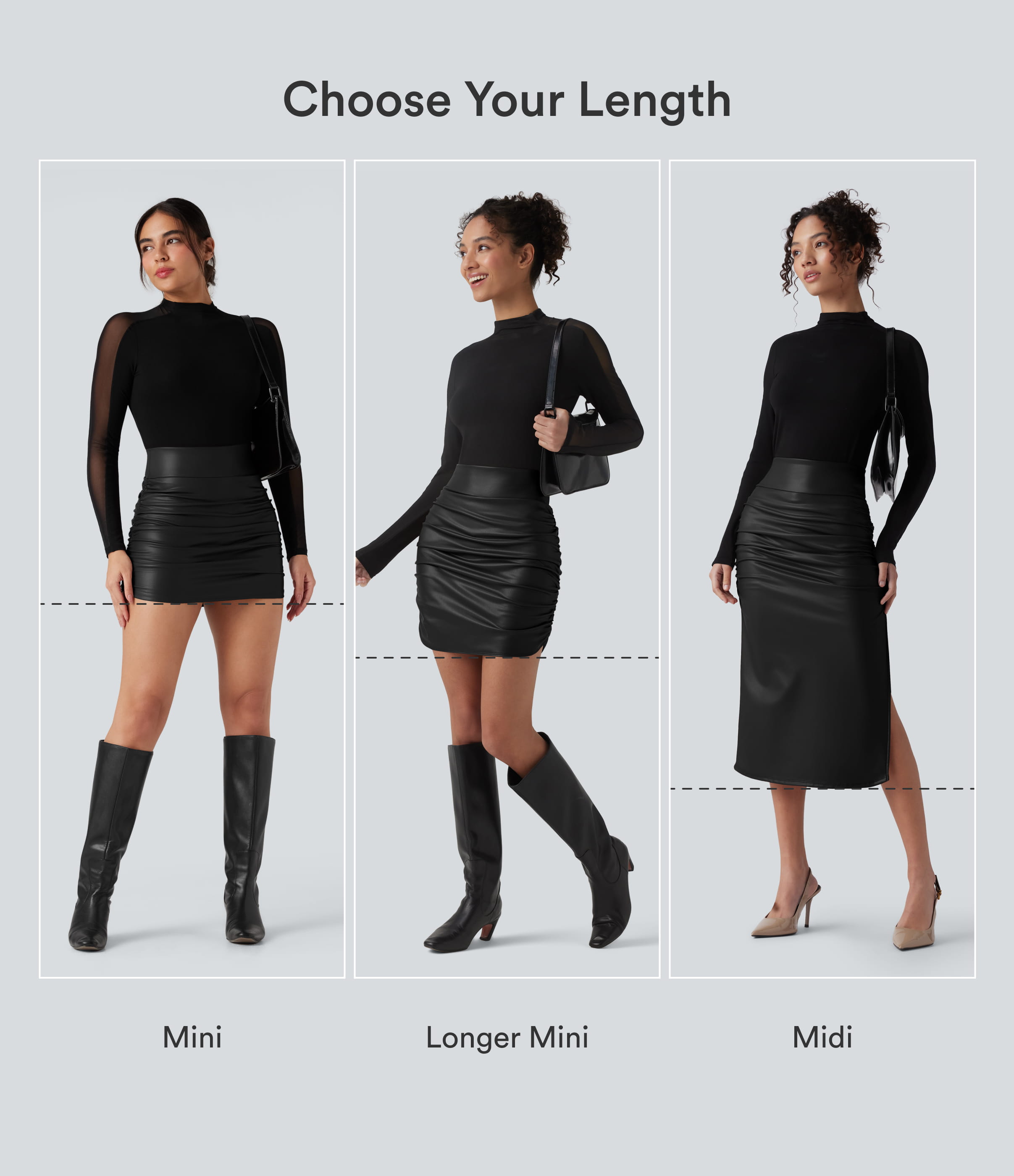 Black High Waisted Tummy Control Ruched Curved Hem 2-in-1 Fleece PU Mini Bodycon Party Skirt-Longer Length / 2