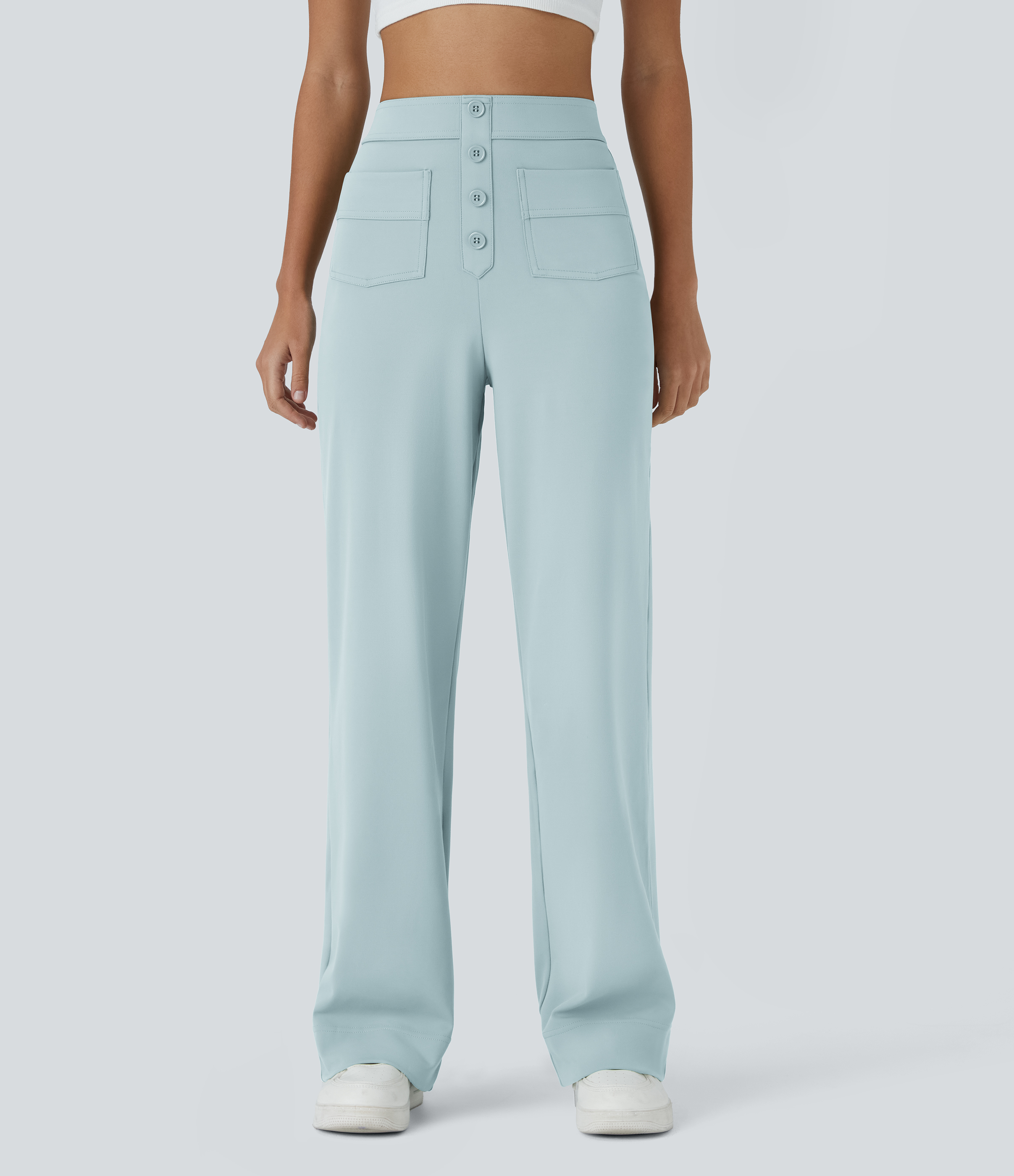 DayStretch High Waisted Pockets Straight Leg Casual Pants — Baby Blue by Halara