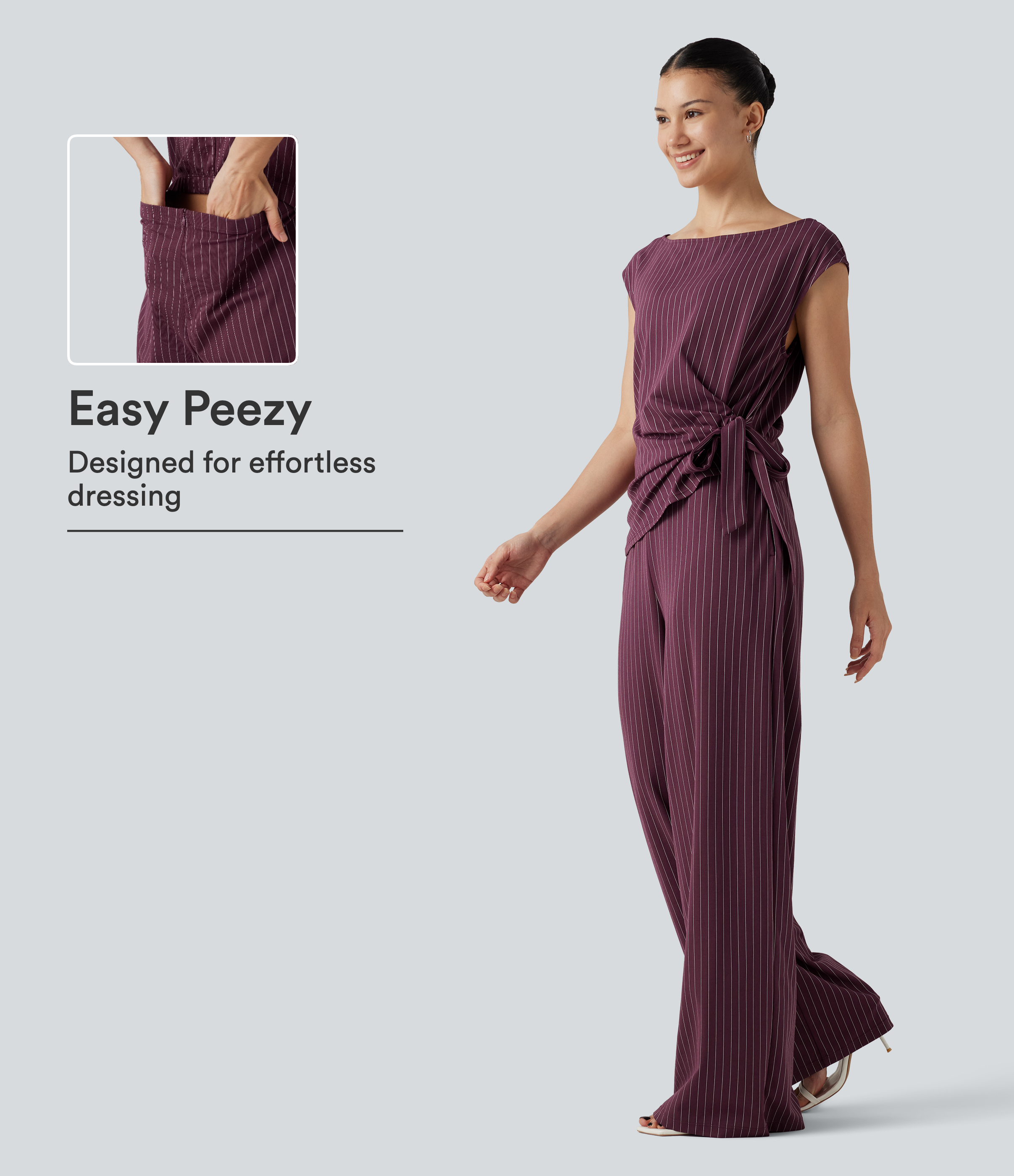 Boat Neck Sleeveless Tie Side Cool Touch Stripe Work Jumpsuit with Pockets-Easy Peezy Edition