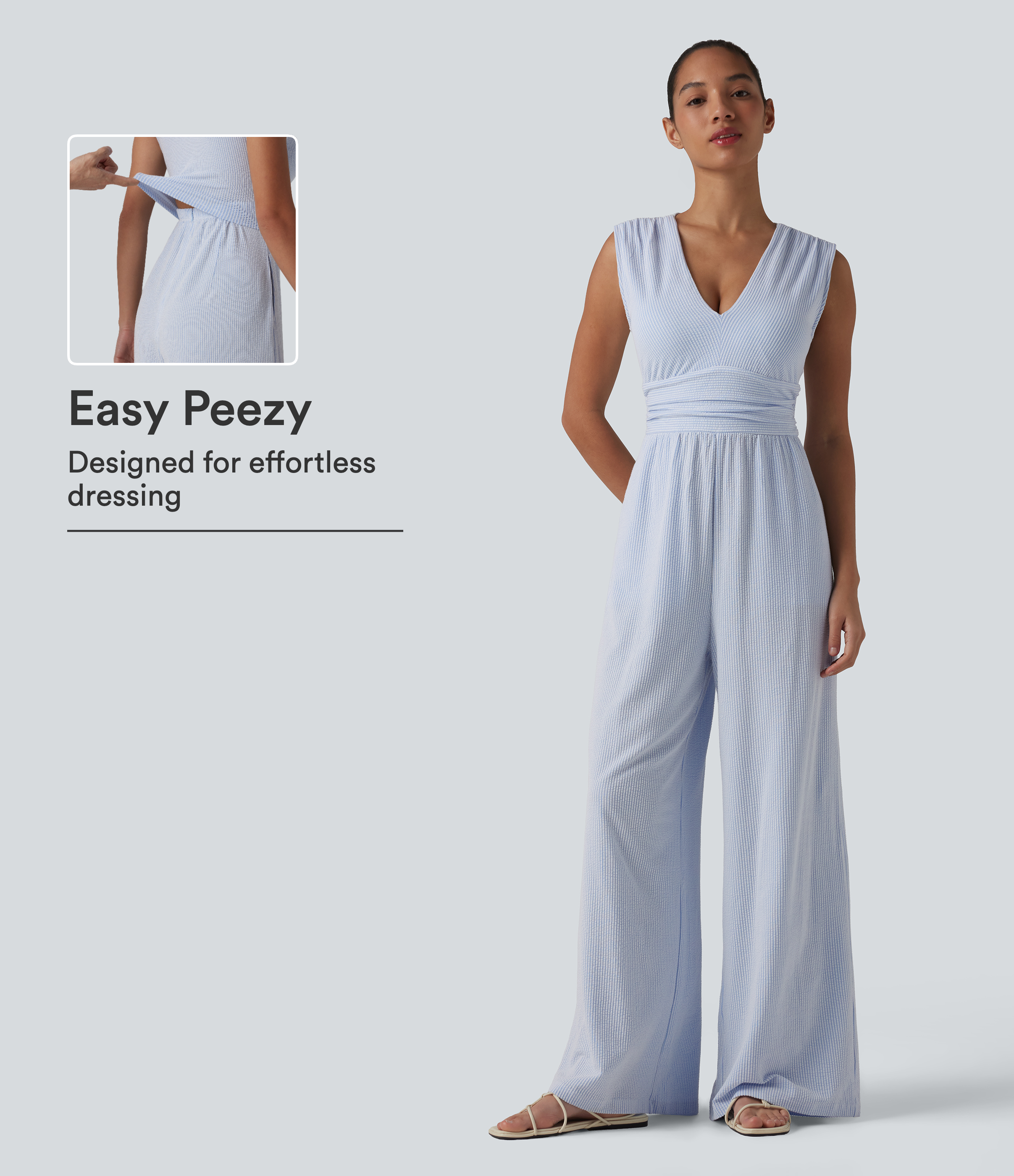 V Neck Sleeveless Built-in Bra Stripe Casual Jumpsuit with Pockets-Easy Peezy Edition