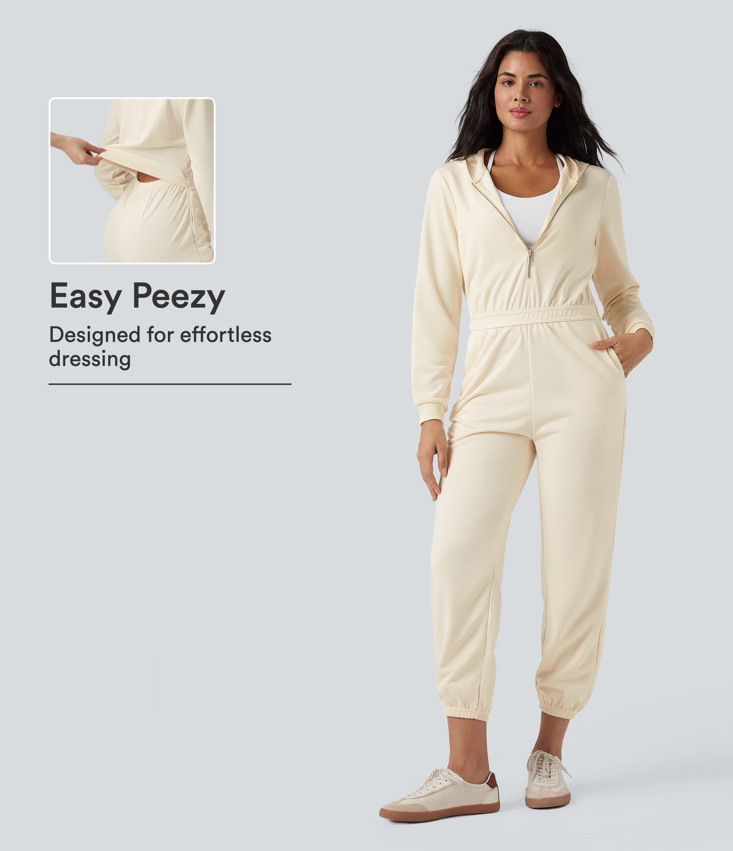 Antique White Hooded Long Sleeve Casual Jogger Jumpsuit with Pockets-Easy Peezy Edition / 1