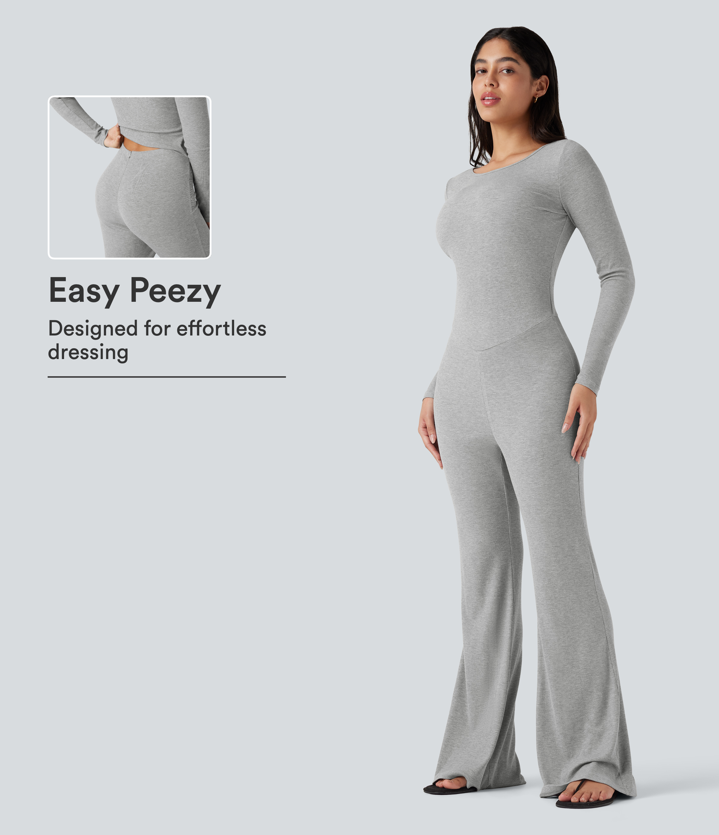 High Stretch Ribbed Knit Boat Neck Long Sleeve Casual Flare Jumpsuit-Easy Peezy