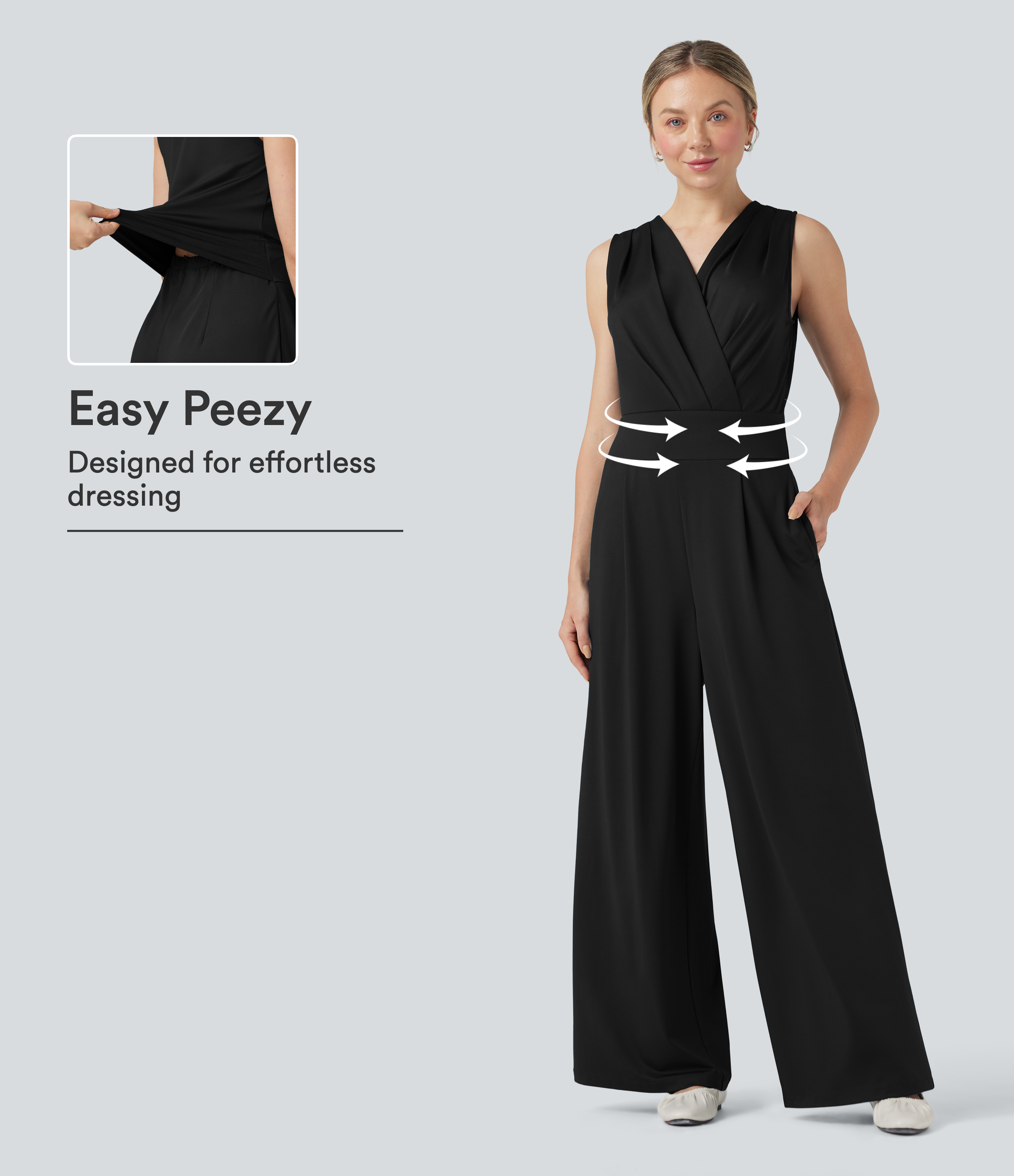 V-neck Sleeveless Pleated Crossover Tummy Control Casual Work Jumpsuit with Pockets-Easy Peezy