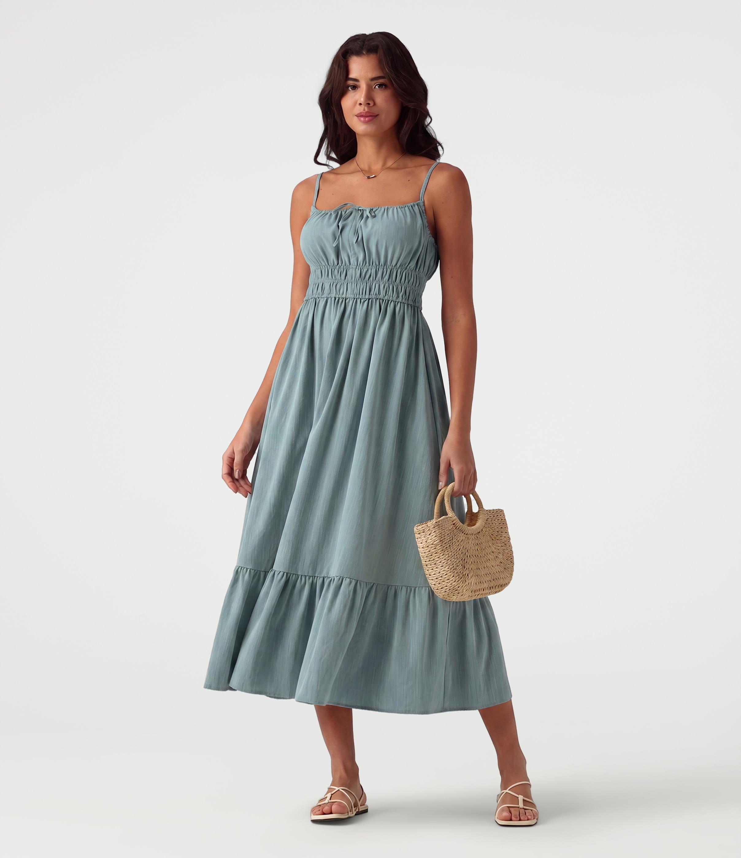 Tie Front Flowy Midi Casual Linen-Feel Slip Dress