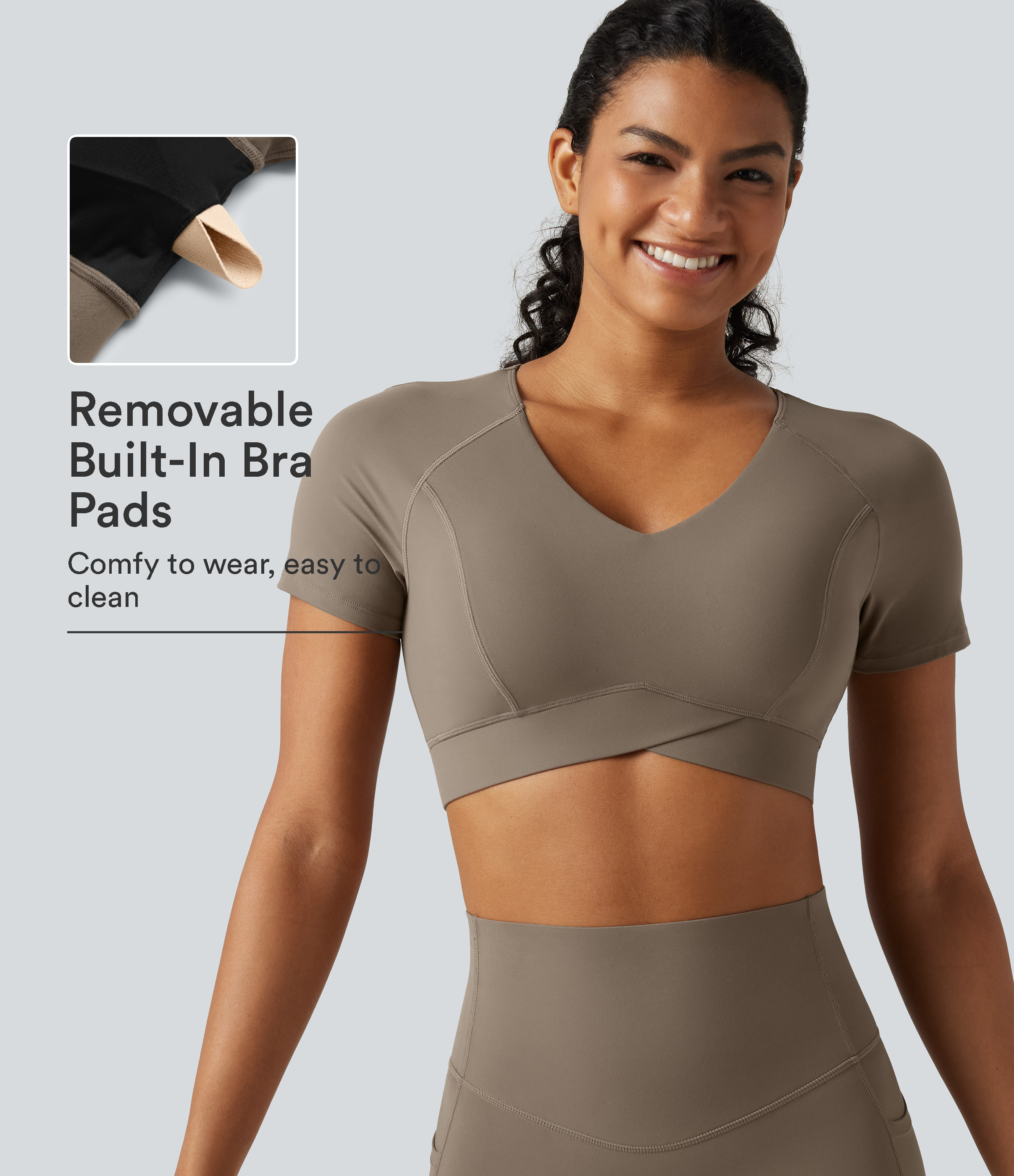 Halara UltraSculpt™ V Neck Built-in Bra Short Sleeve Crossover Hem Cropped Workout Sports Top DD-F Cups