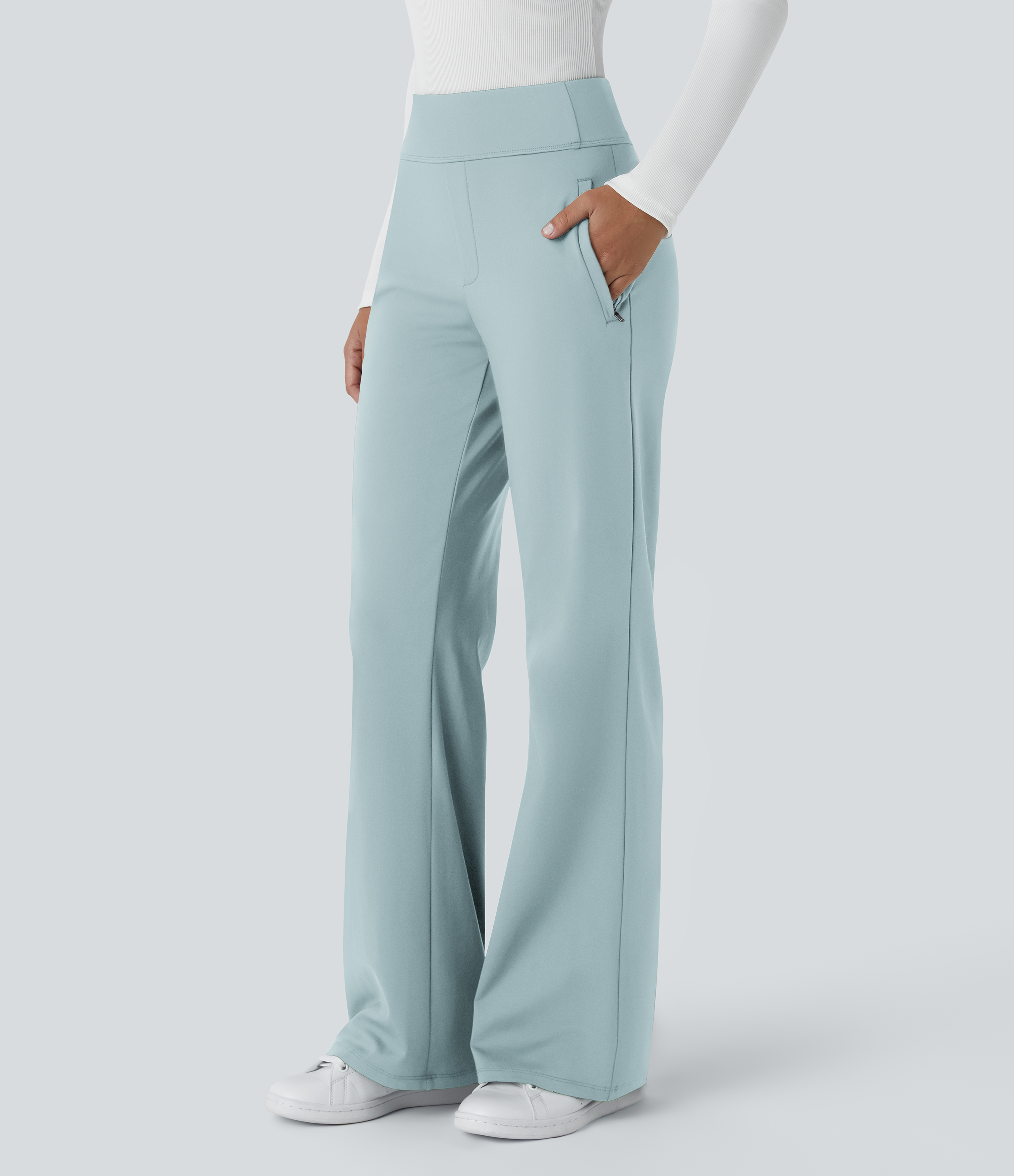 Halara Flex™ DayStretch Mid Rise Side Zipper Pocket Work Flare Pants — Baby Blue by Halara