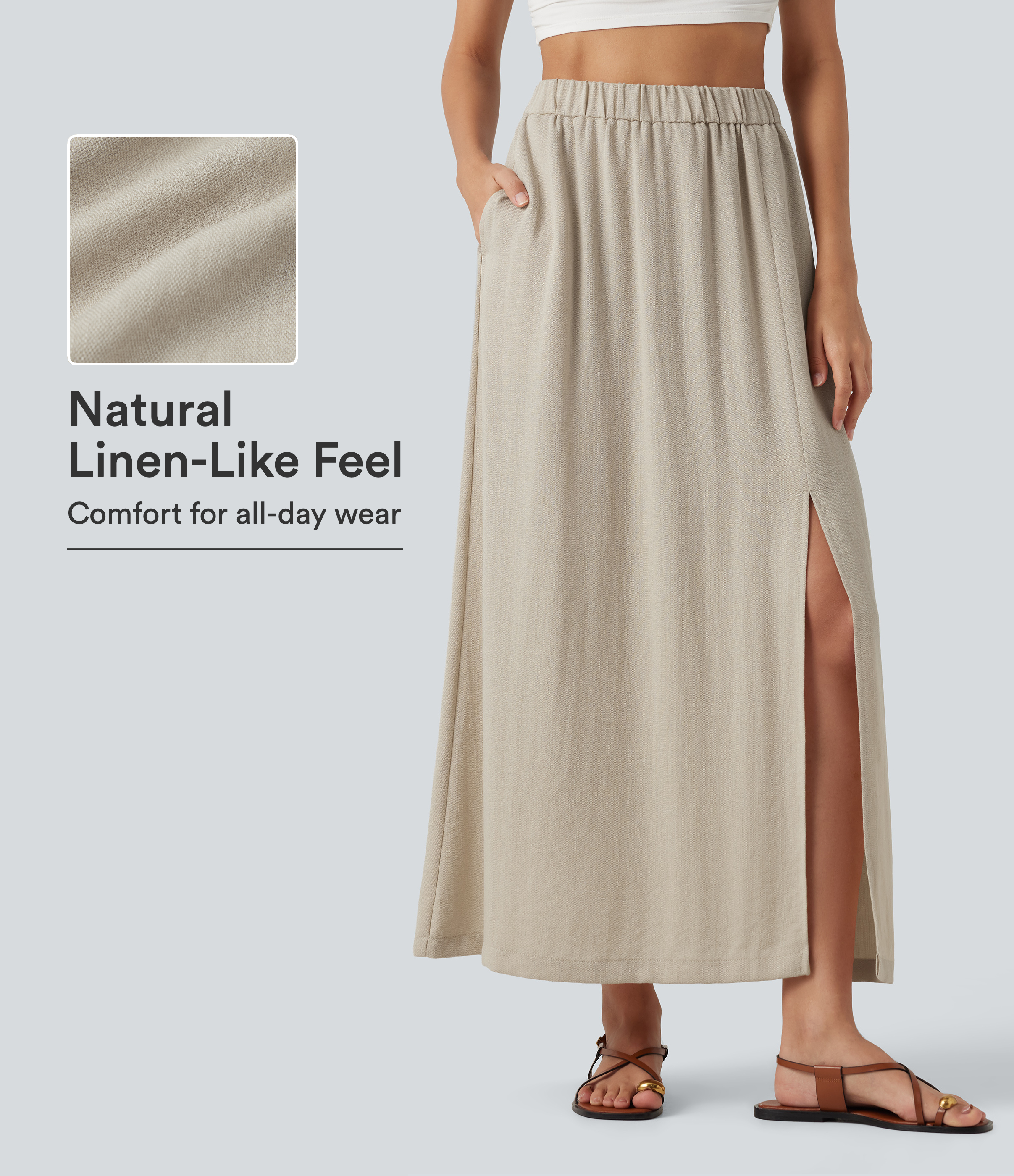 High Waisted Split Hem Maxi Casual Linen-Feel Skirt with Pockets
