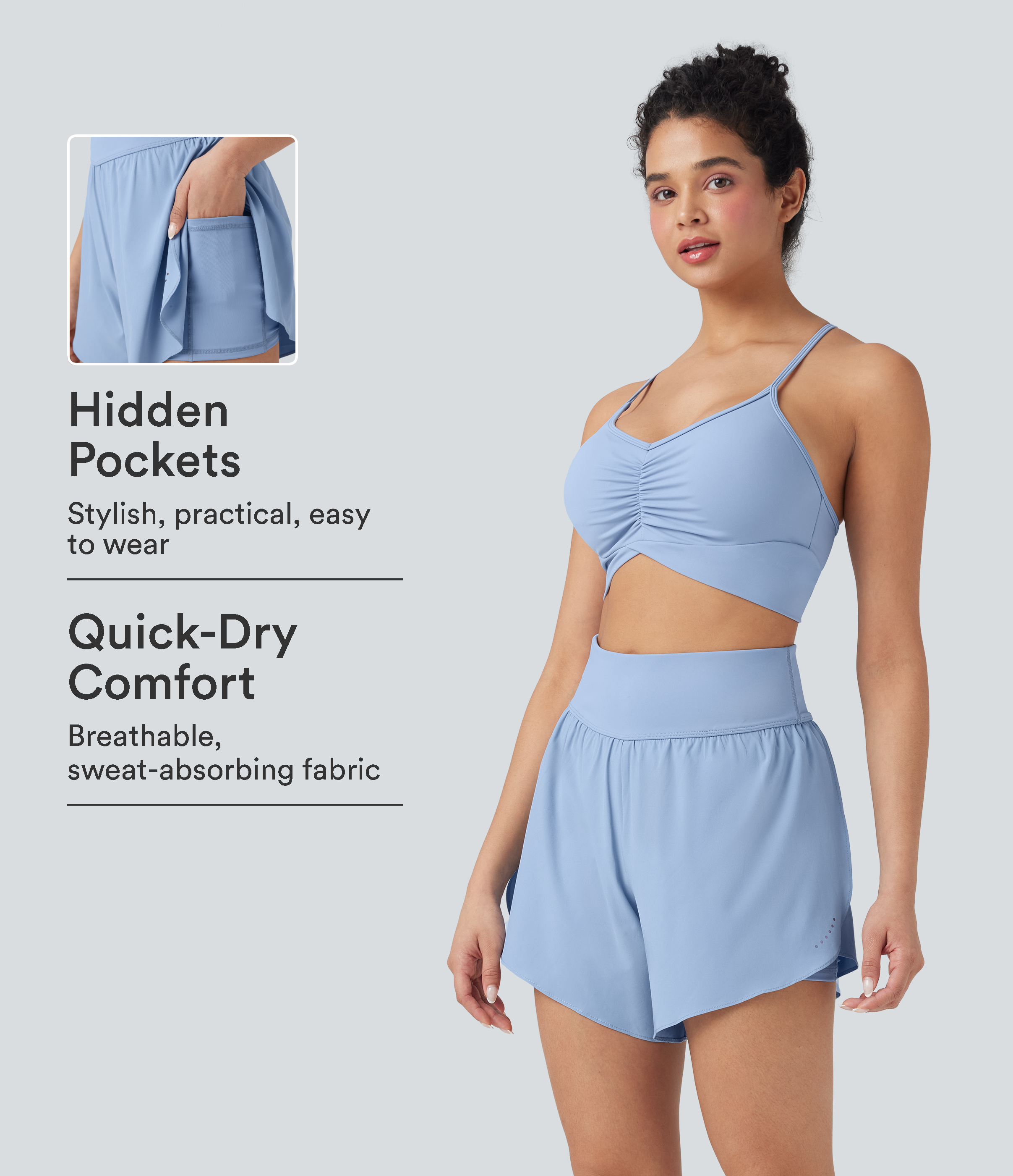 SoftlyZero™ QuickDry High Waisted Tummy Control Reflective Dots Crossover Hem 2-in-1 Running Shorts 5'' with Pockets