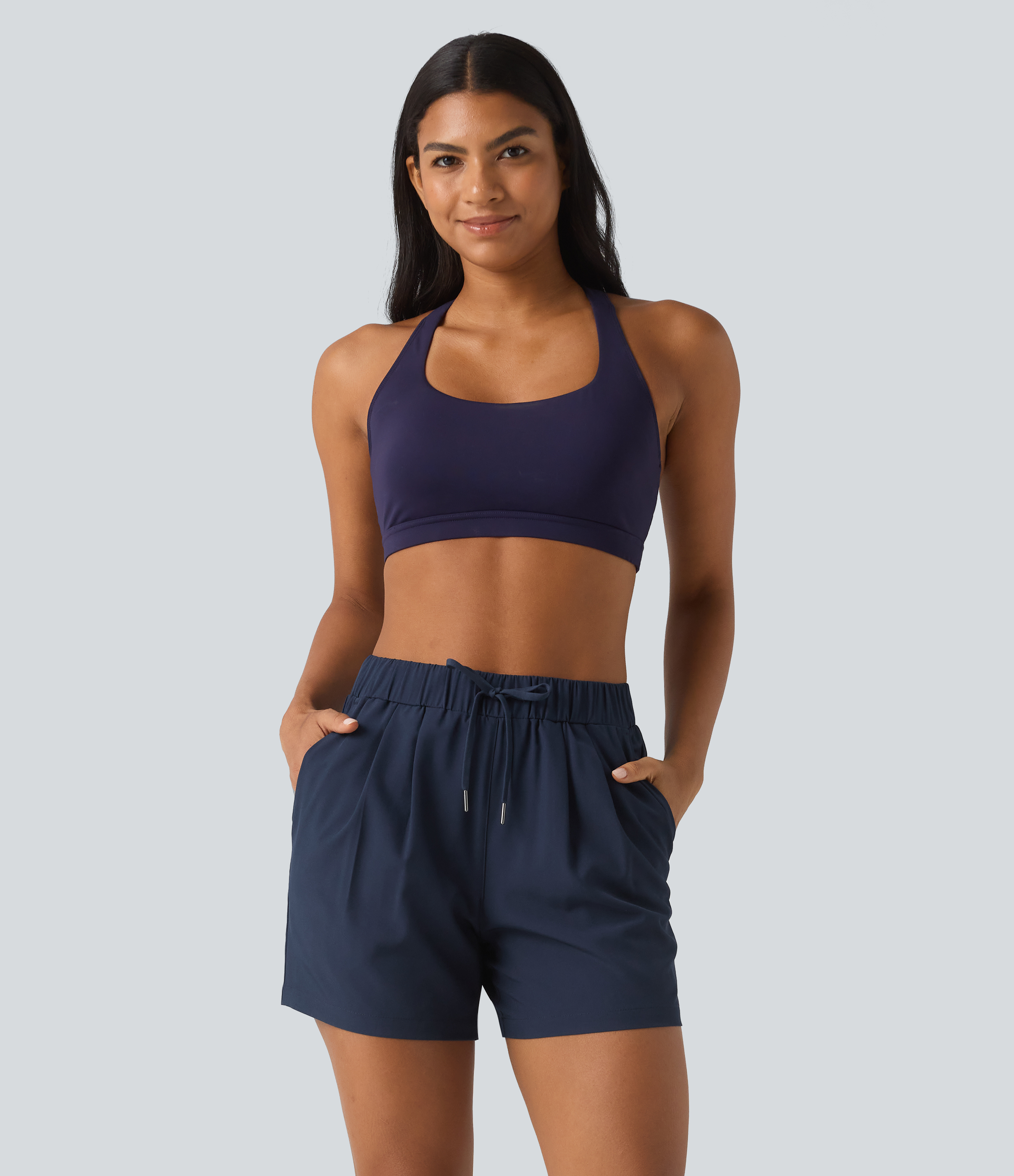 High Waisted Elastic Waistband Drawstring Pleated Yoga Shorts 5" with Pockets