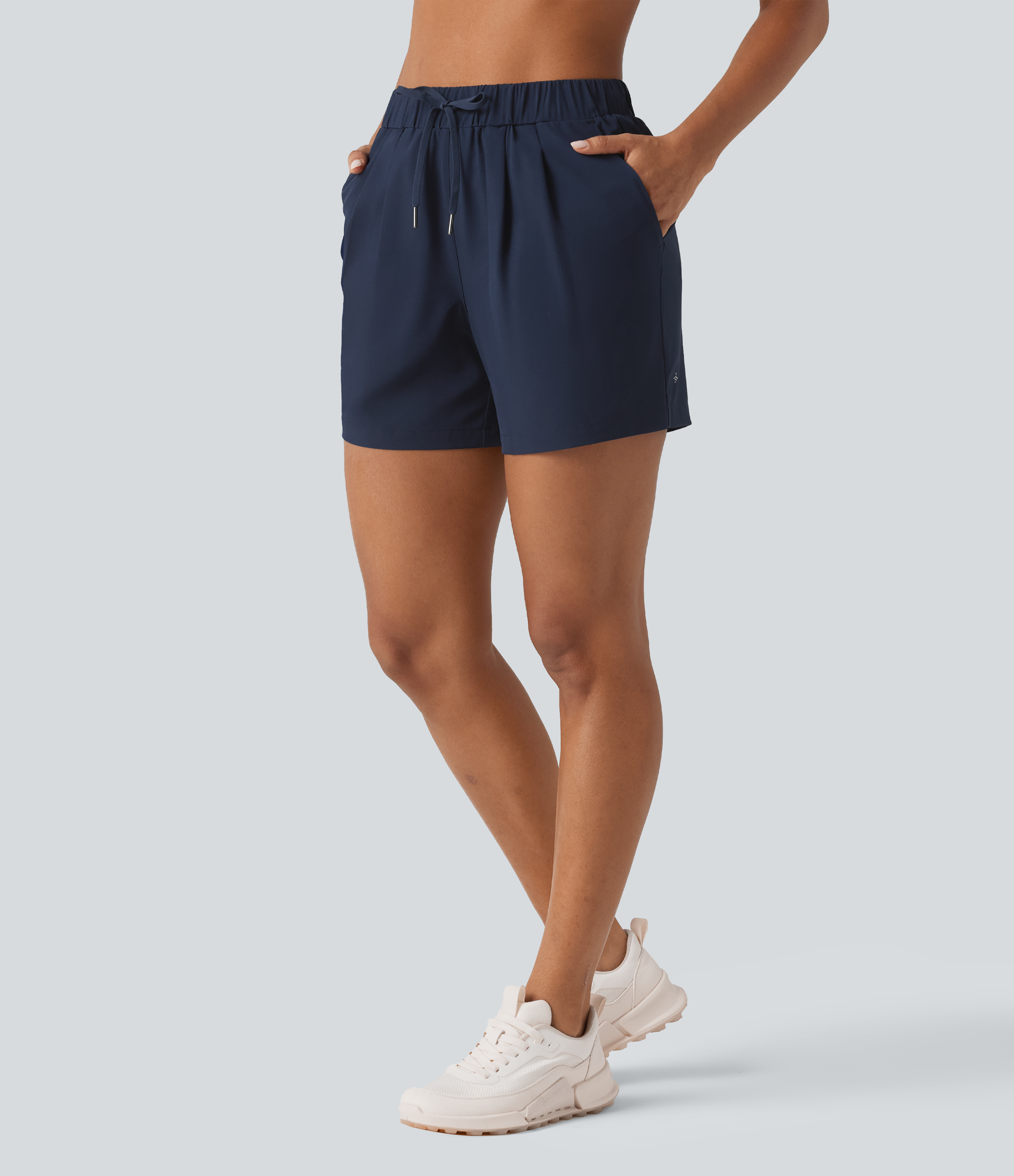 High Waisted Elastic Waistband Drawstring Pleated Yoga Shorts 5" with Pockets