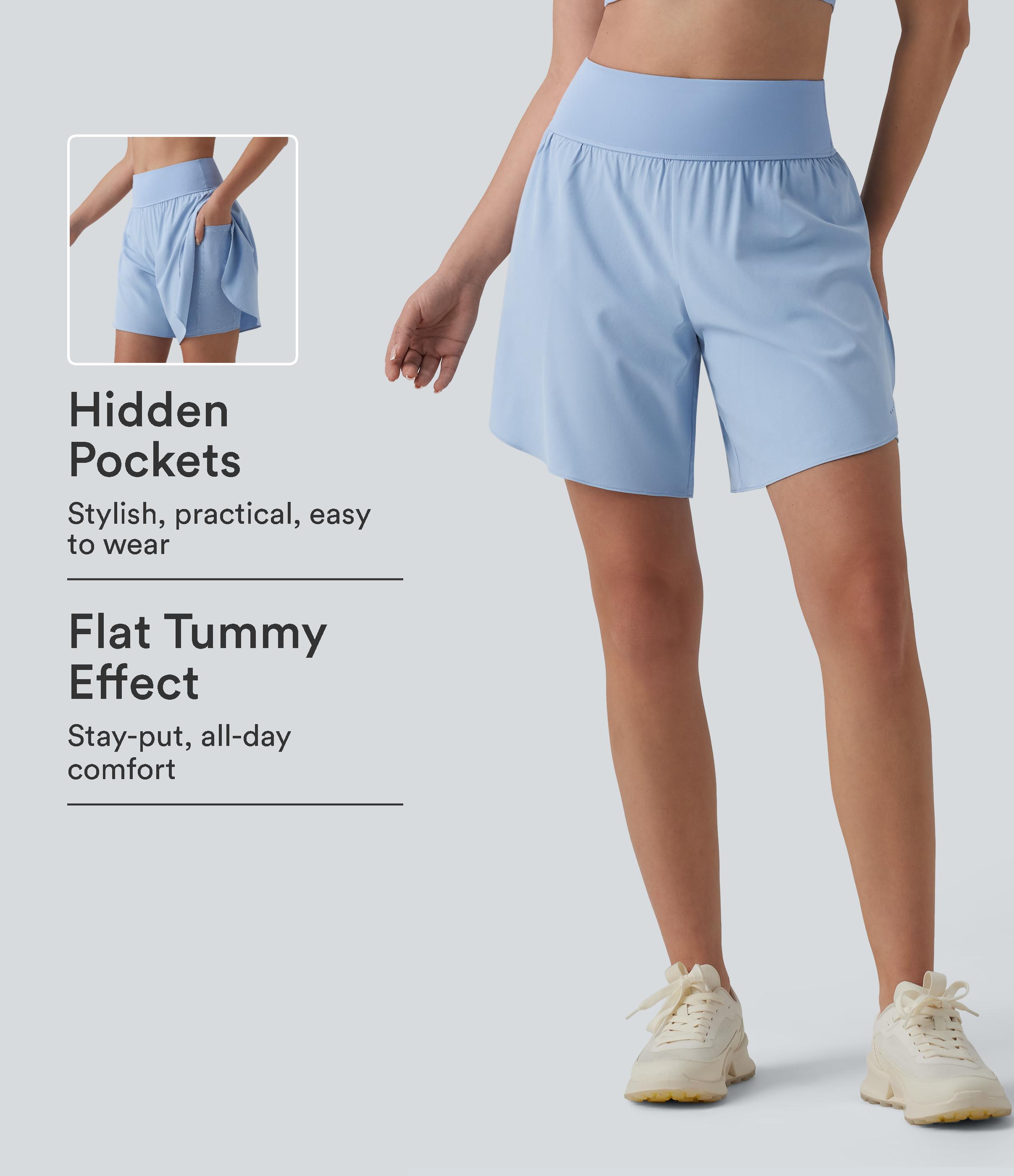 SoftlyZero™ QuickDry High Waisted Tummy Control Reflective Dots Crossover Hem 2-in-1 Running Shorts 7'' with Pockets