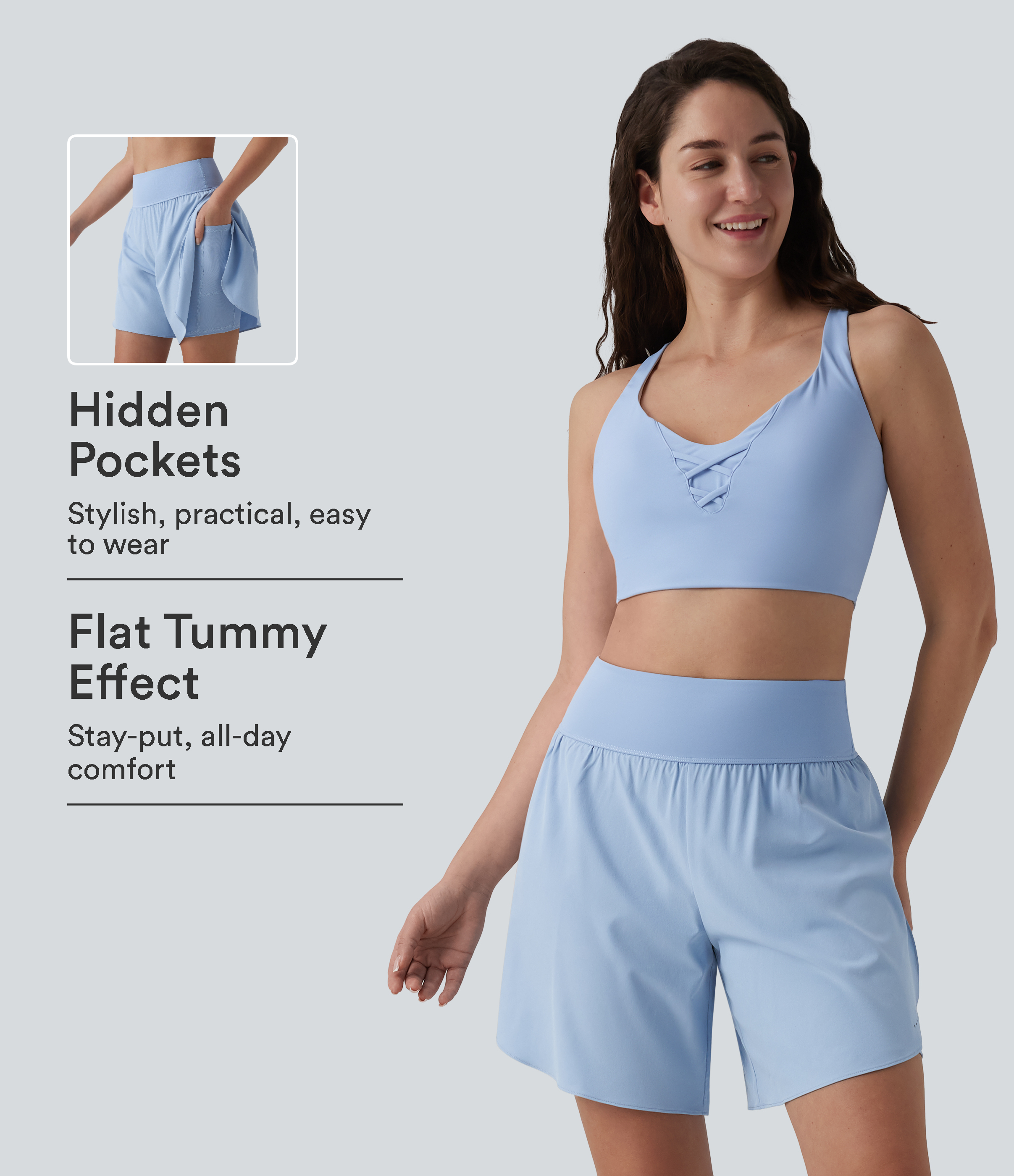 SoftlyZero™ QuickDry High Waisted Tummy Control Reflective Dots Crossover Hem 2-in-1 Running Shorts 7'' with Pockets